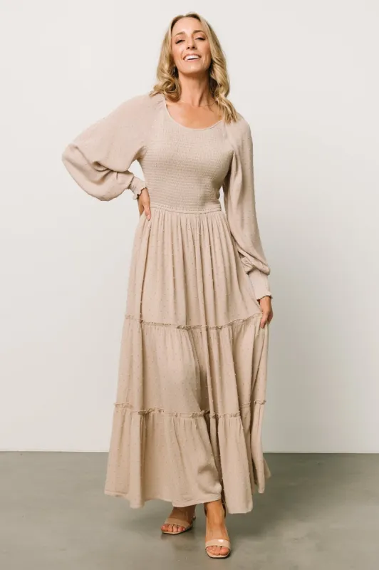 Bayley Smocked Dotted Maxi Dress | Beige sold by Baltic Born