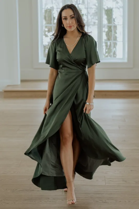 Vara Satin Maxi Wrap Dress | Juniper Green sold by Baltic Born