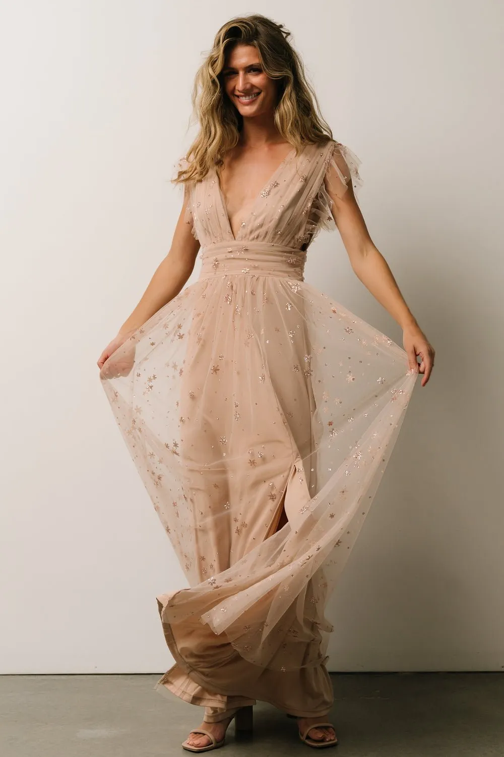 Nova Shimmer Maxi Dress | Natural + Blush sold by Baltic Born