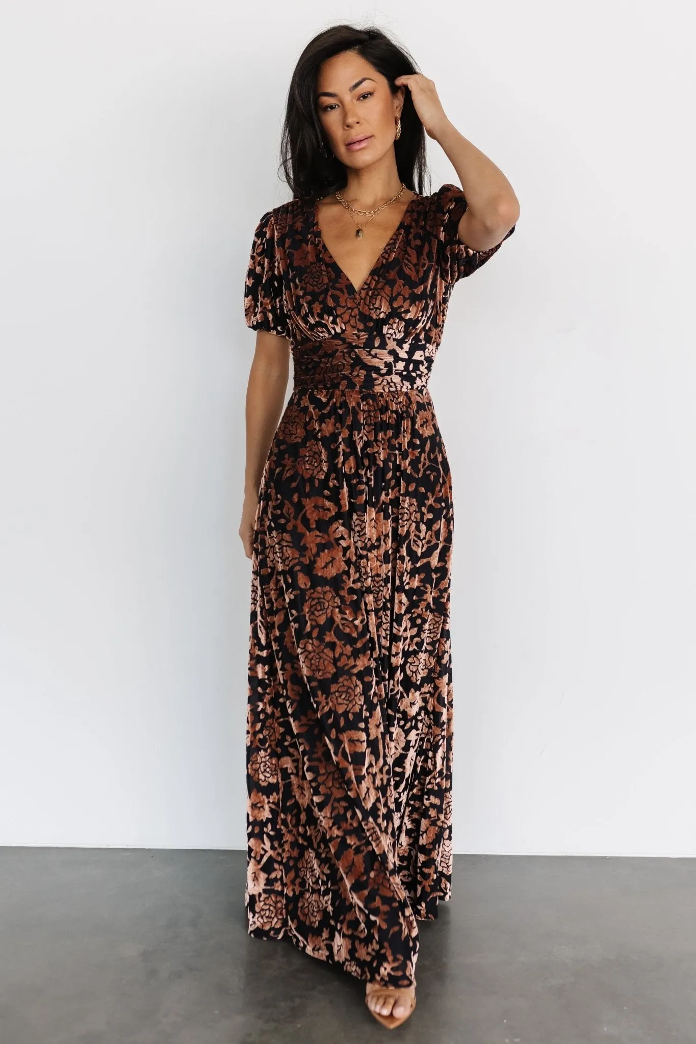 Leslie Velvet Maxi Dress | Black + Bronze sold by Baltic Born