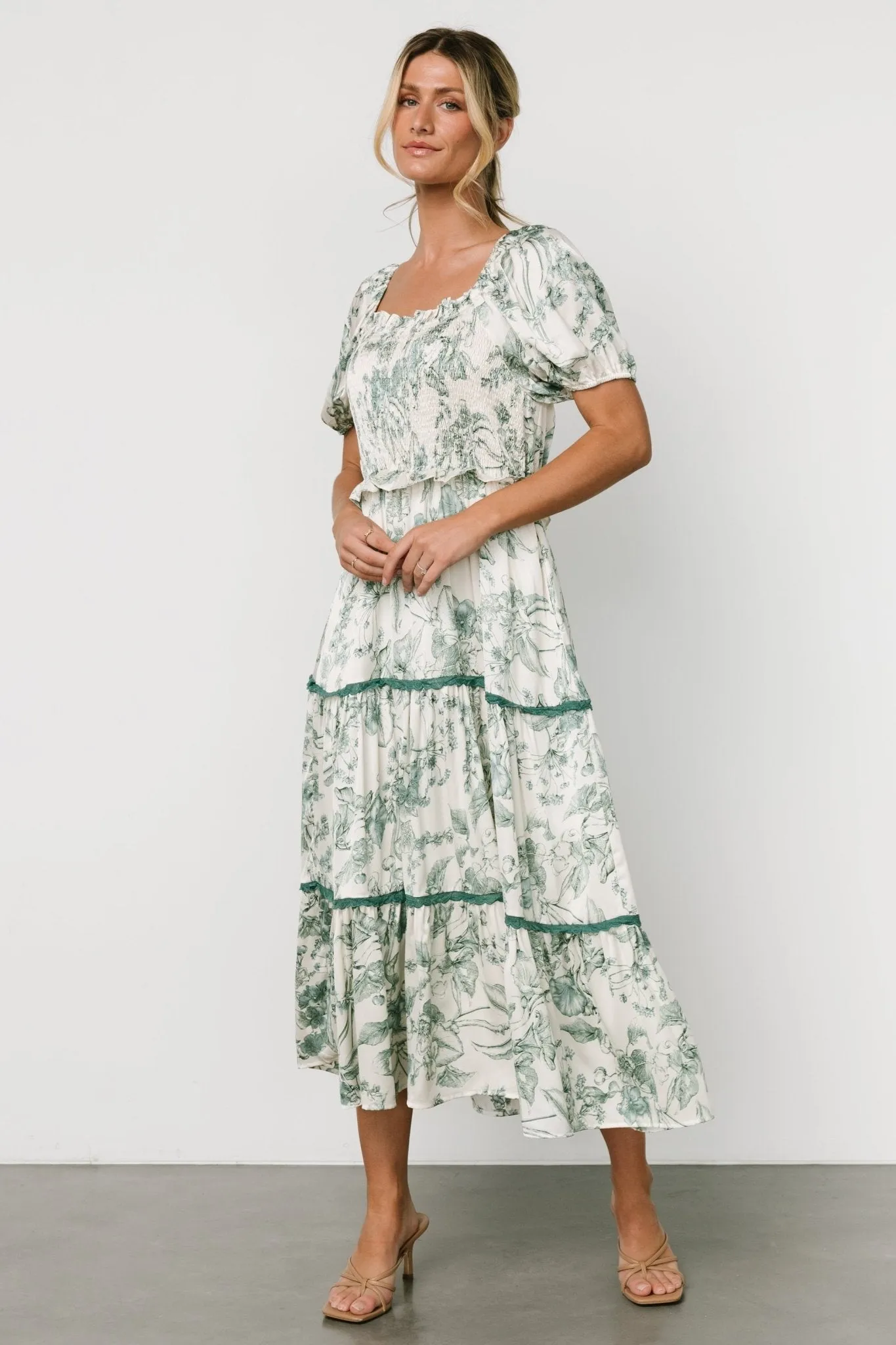 Ruthie Tiered Midi Dress | Green Print sold by Baltic Born