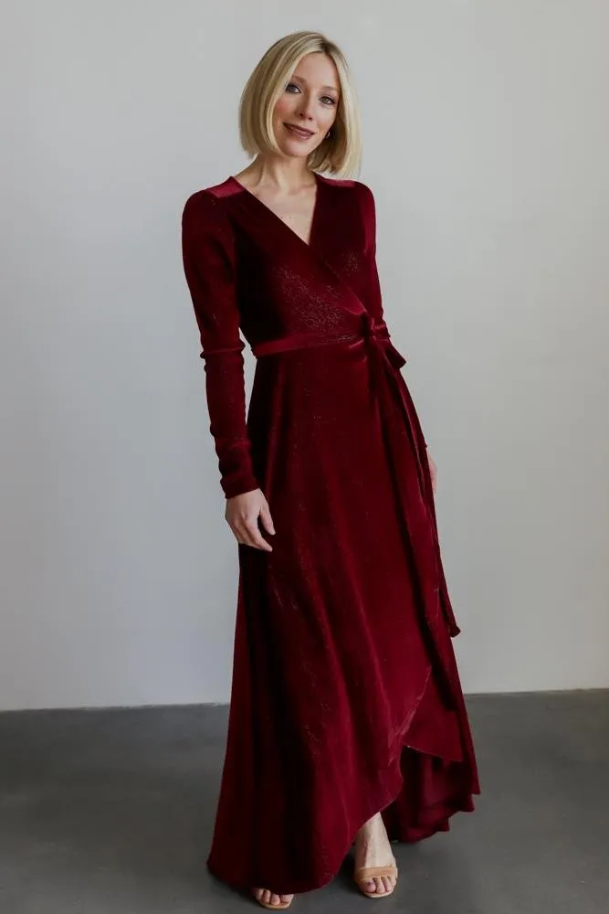 Serena Shimmer Velvet Wrap Dress | Merlot sold by Baltic Born product image thumbnail 2