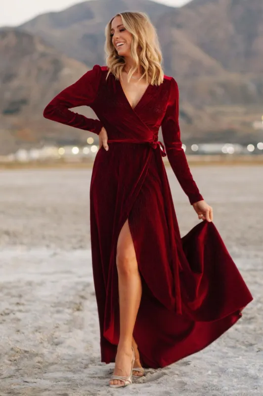 Serena Shimmer Velvet Wrap Dress | Merlot sold by Baltic Born
