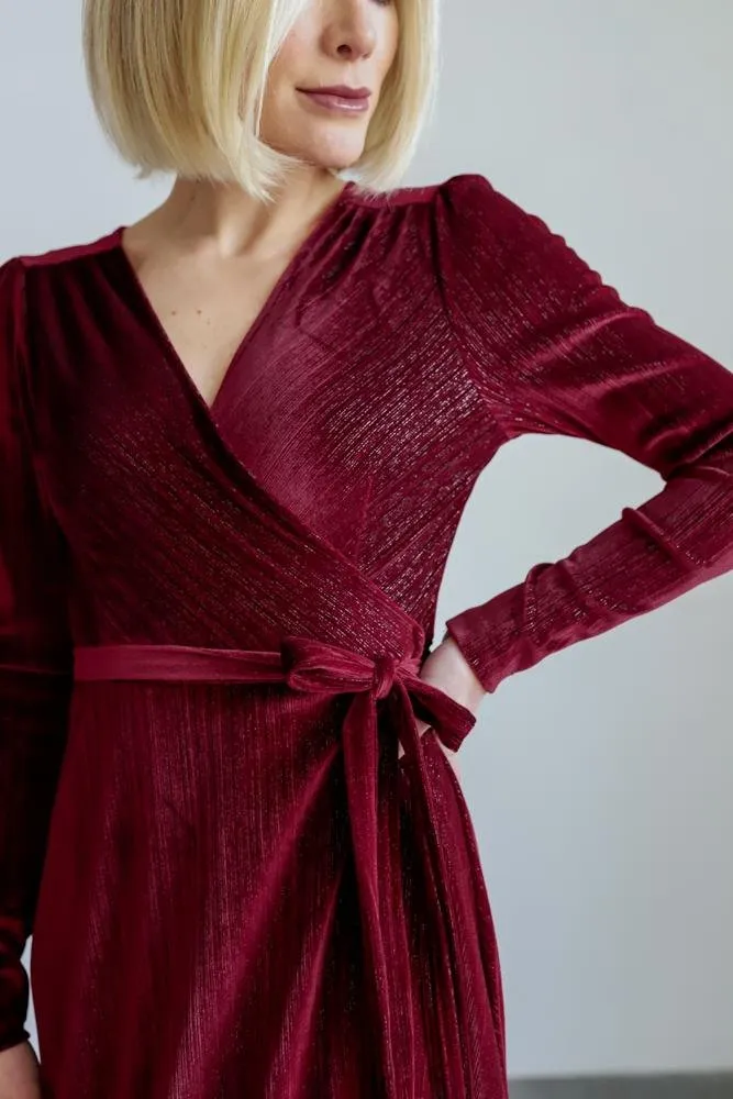 Serena Shimmer Velvet Wrap Dress | Merlot sold by Baltic Born product image thumbnail 5