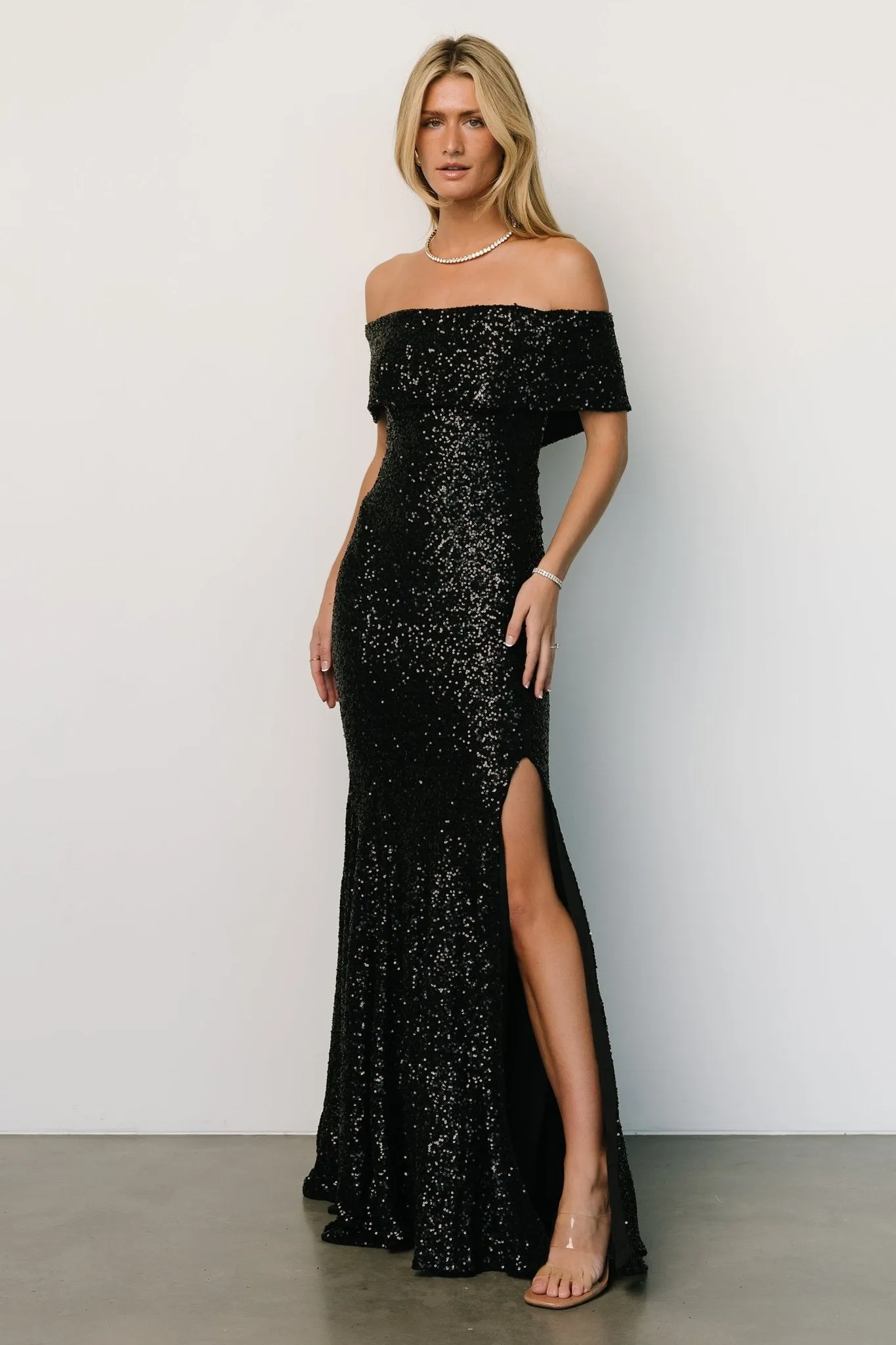 Yvonne Off Shoulder Sequin Gown | Black sold by Baltic Born product image thumbnail 4