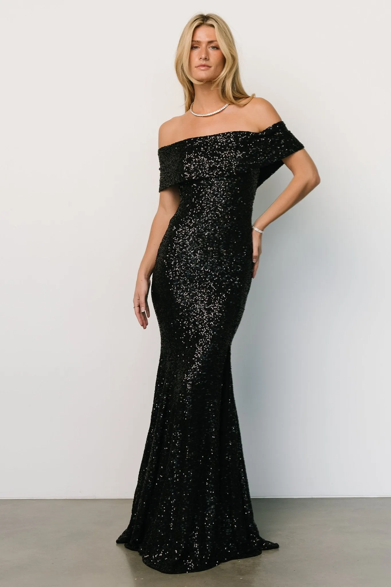 Yvonne Off Shoulder Sequin Gown | Black sold by Baltic Born