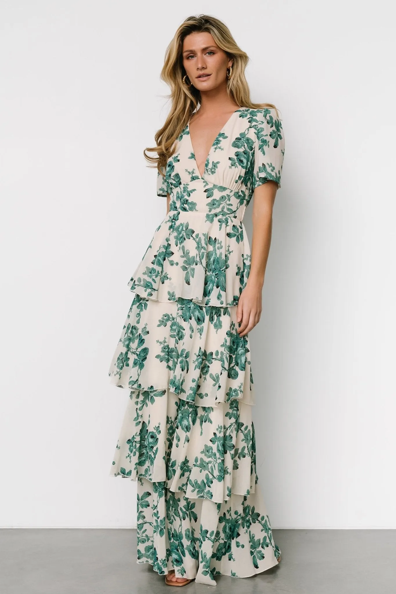 Montaigne Ruffle Maxi Dress | Ivory + Green Floral sold by Baltic Born product image thumbnail 2
