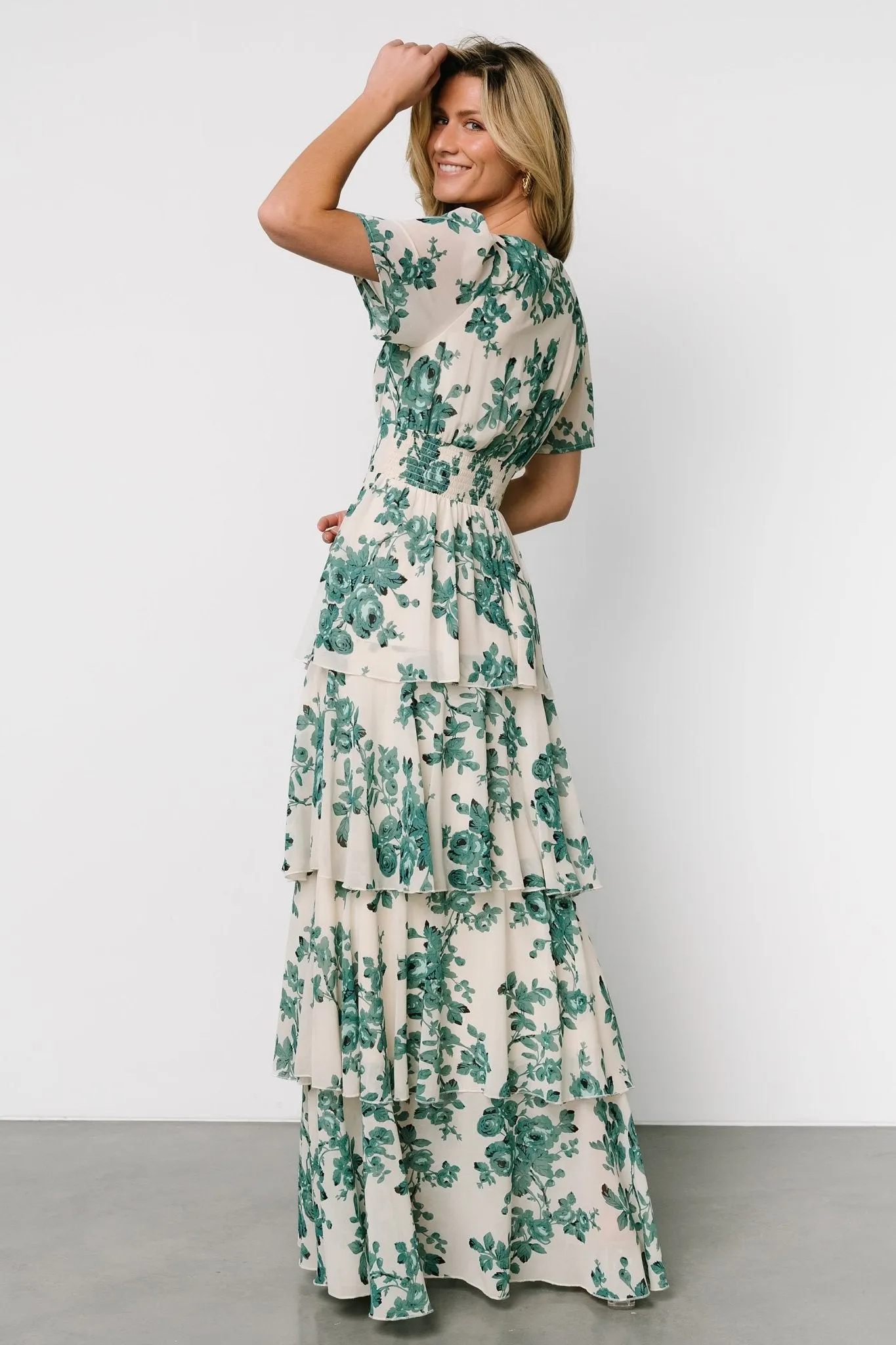 Montaigne Ruffle Maxi Dress | Ivory + Green Floral sold by Baltic Born product image thumbnail 4