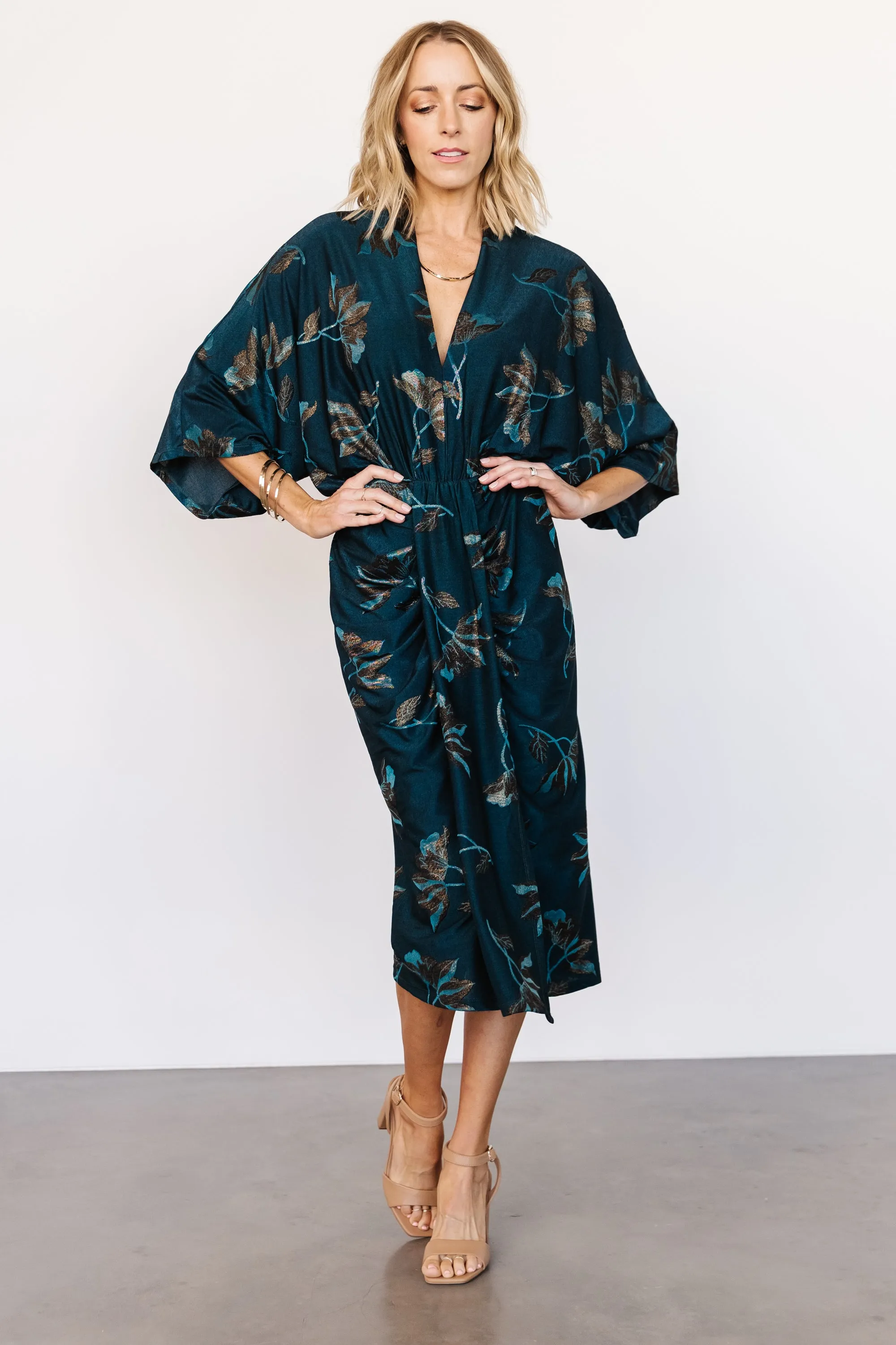 Shaneen Ruched Midi Dress | Jade Floral Shimmer sold by Baltic Born