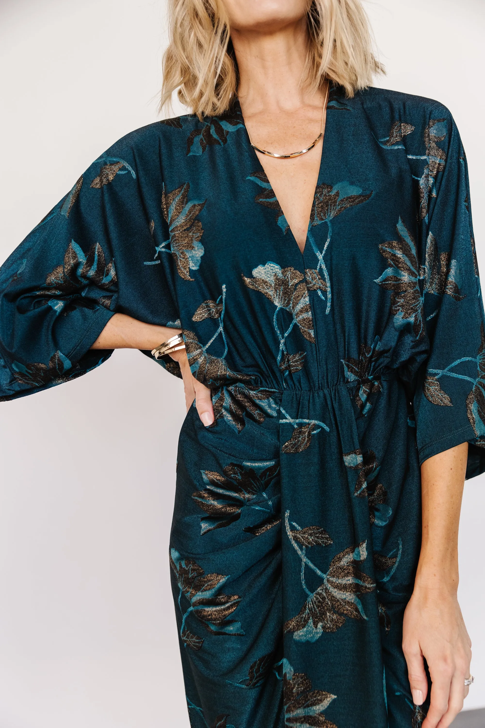 Shaneen Ruched Midi Dress | Jade Floral Shimmer sold by Baltic Born product image thumbnail 3