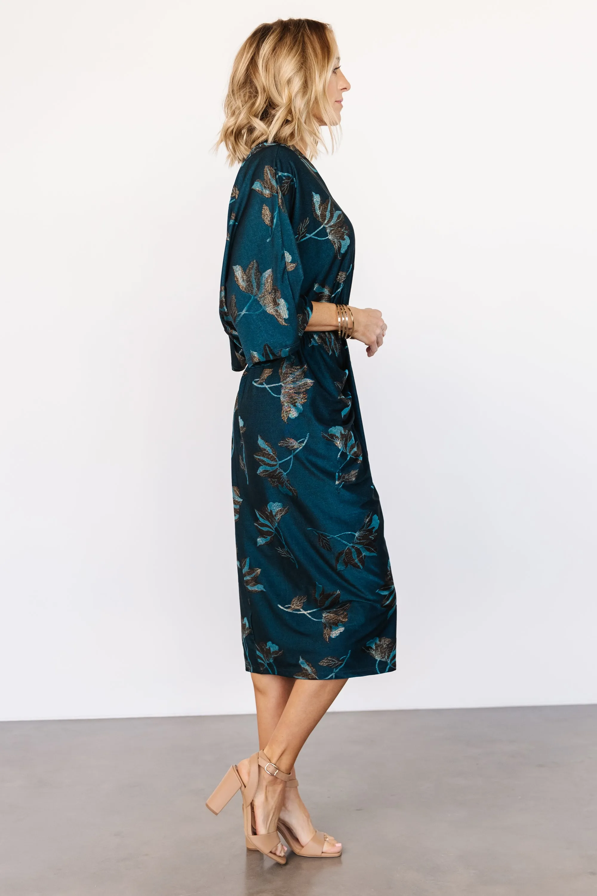 Shaneen Ruched Midi Dress | Jade Floral Shimmer sold by Baltic Born product image thumbnail 5