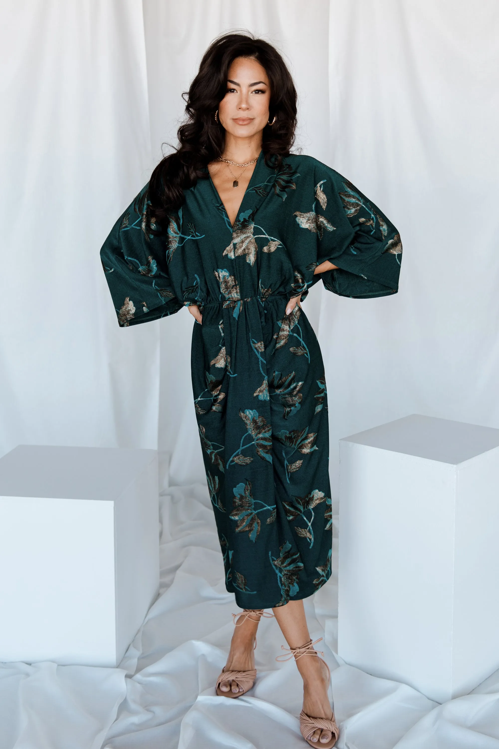 Shaneen Ruched Midi Dress | Jade Floral Shimmer sold by Baltic Born product image thumbnail 2
