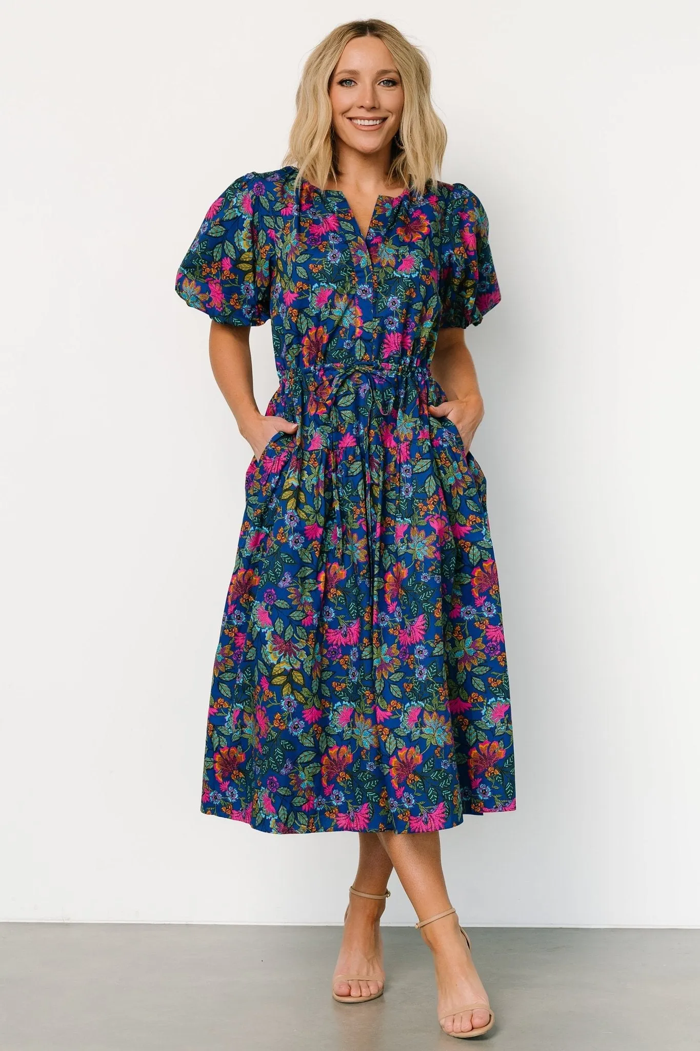 Karol Puff Sleeve Midi Dress | Blue Multi sold by Baltic Born