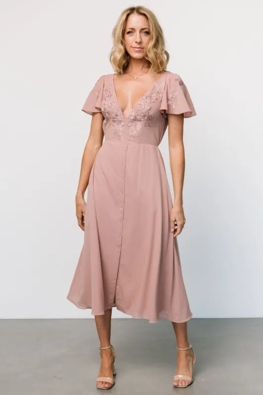 Swan Bead Embroidered Midi Dress | Dusty Rose sold by Baltic Born