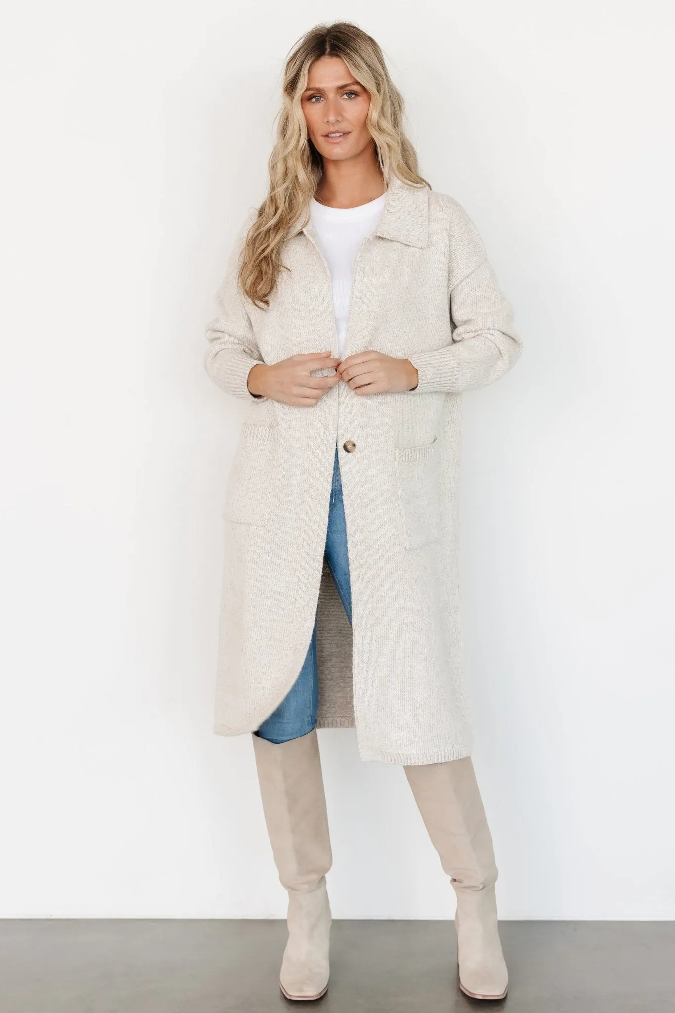 Ontario Long Button Cardigan | Oatmeal sold by Baltic Born product image thumbnail 4