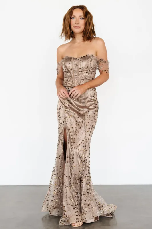 Consuela Sequin Gown | Golden Mocha sold by Baltic Born