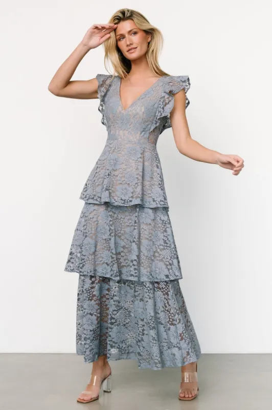 Margot Lace Tiered Maxi Dress | Dusty Slate sold by Baltic Born