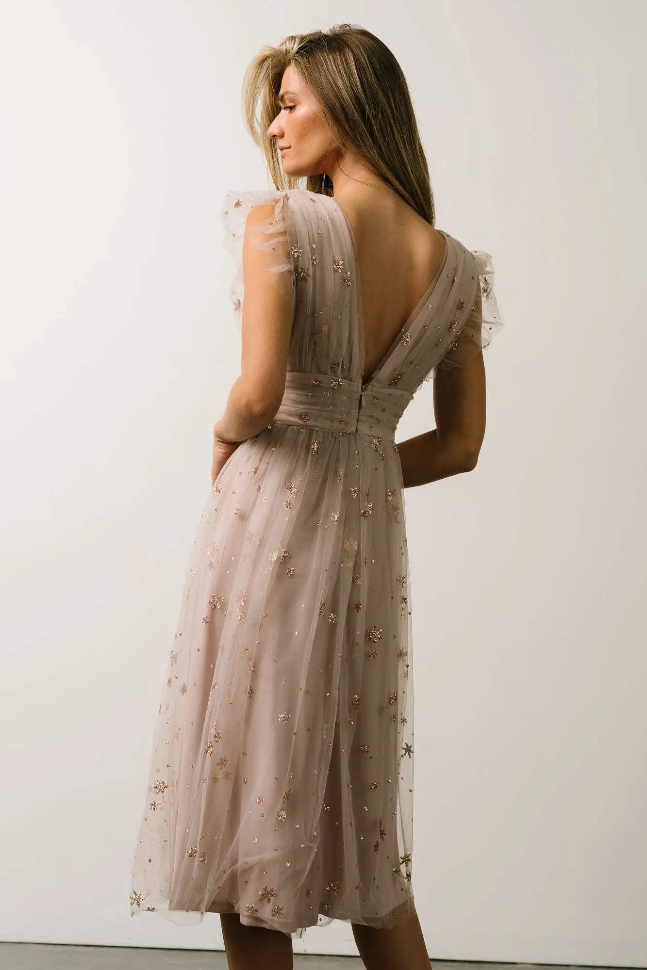 Chiara Shimmer Midi Dress | Dusty Lilac sold by Baltic Born product image thumbnail 4