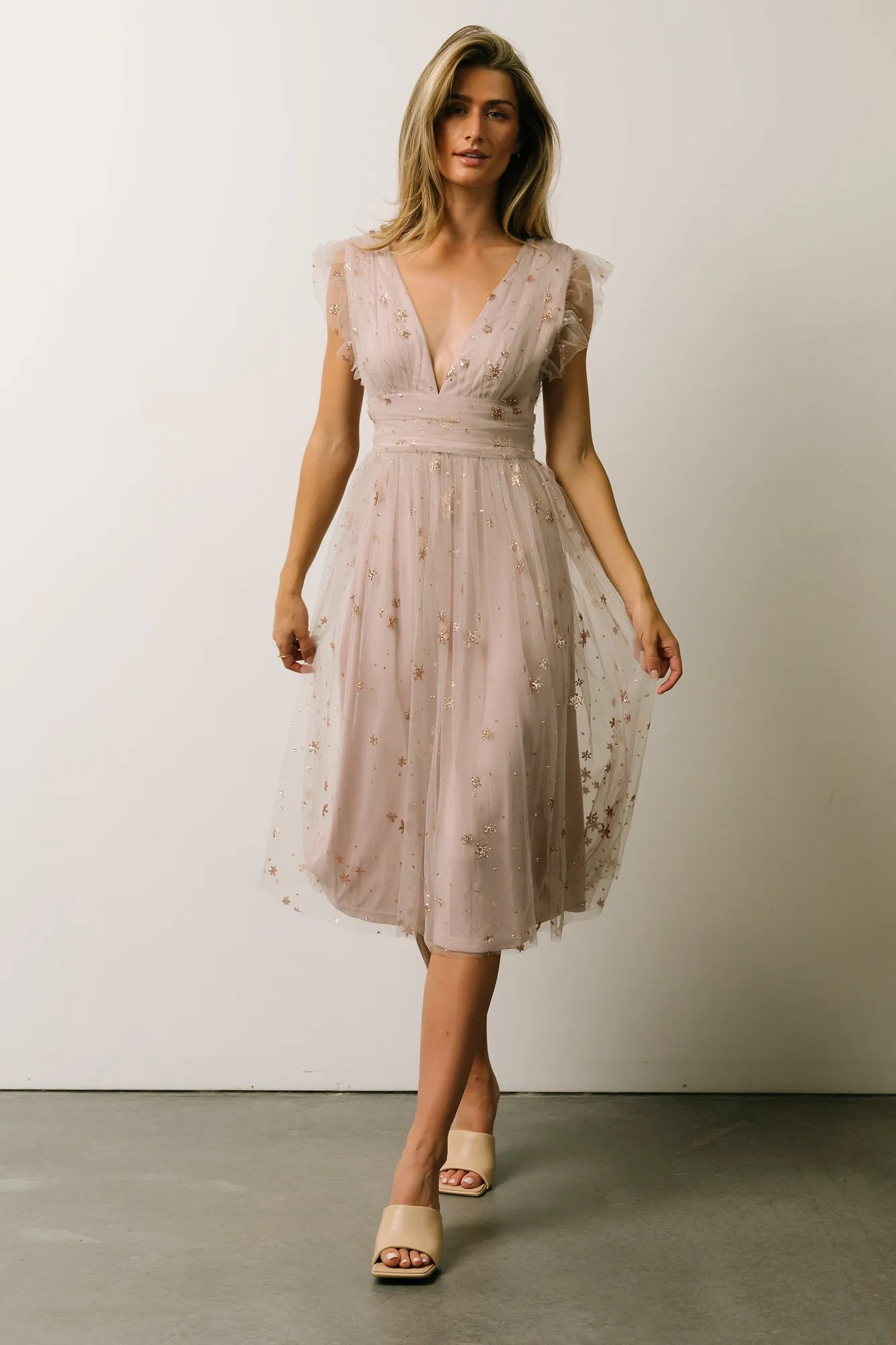 Chiara Shimmer Midi Dress | Dusty Lilac sold by Baltic Born