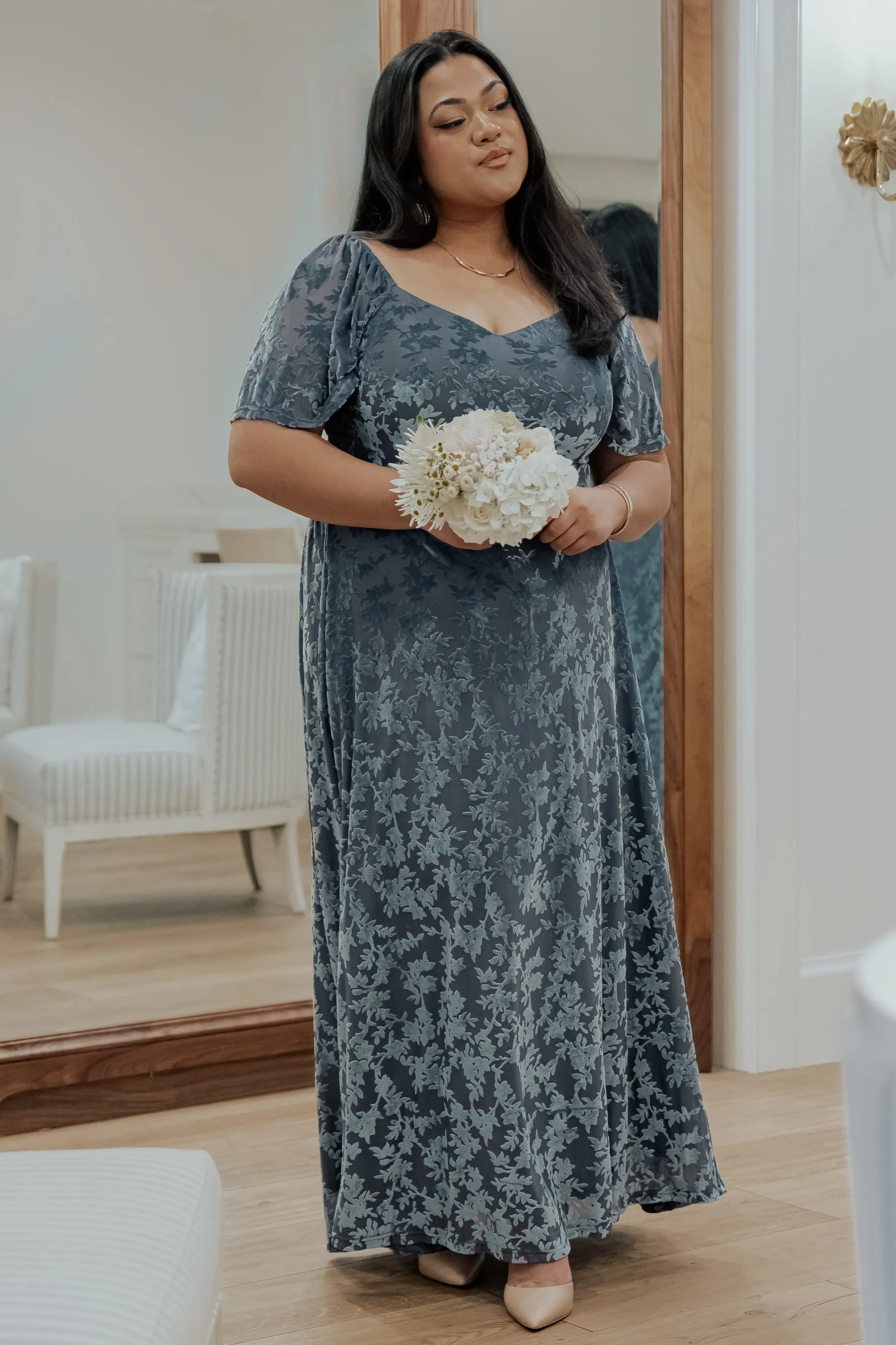 Everley Velvet Maxi Dress | Dusty Blue sold by Baltic Born