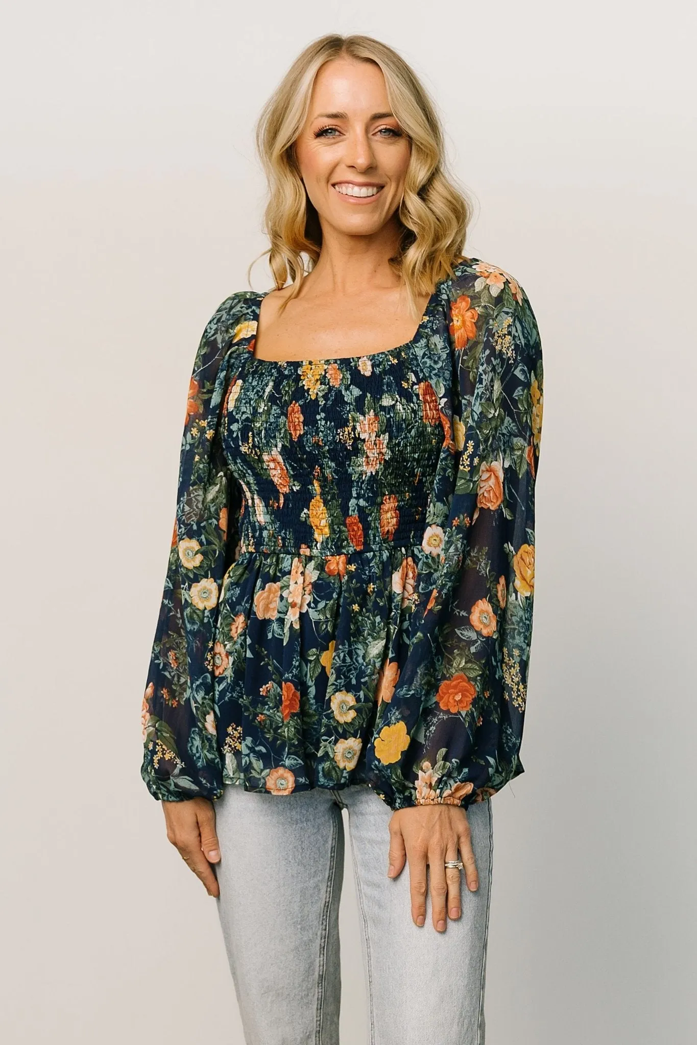 Ollie Smocked Top | Navy Multi sold by Baltic Born