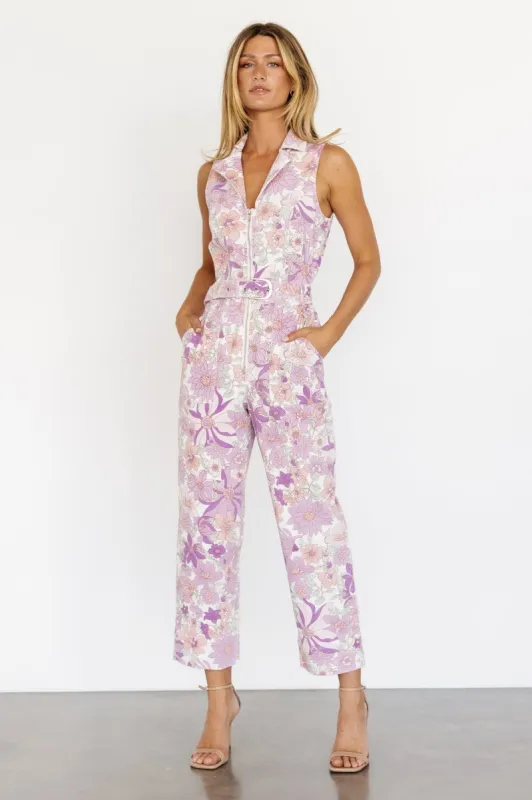 JoJo Sleeveless Jumpsuit | Purple Floral sold by Baltic Born
