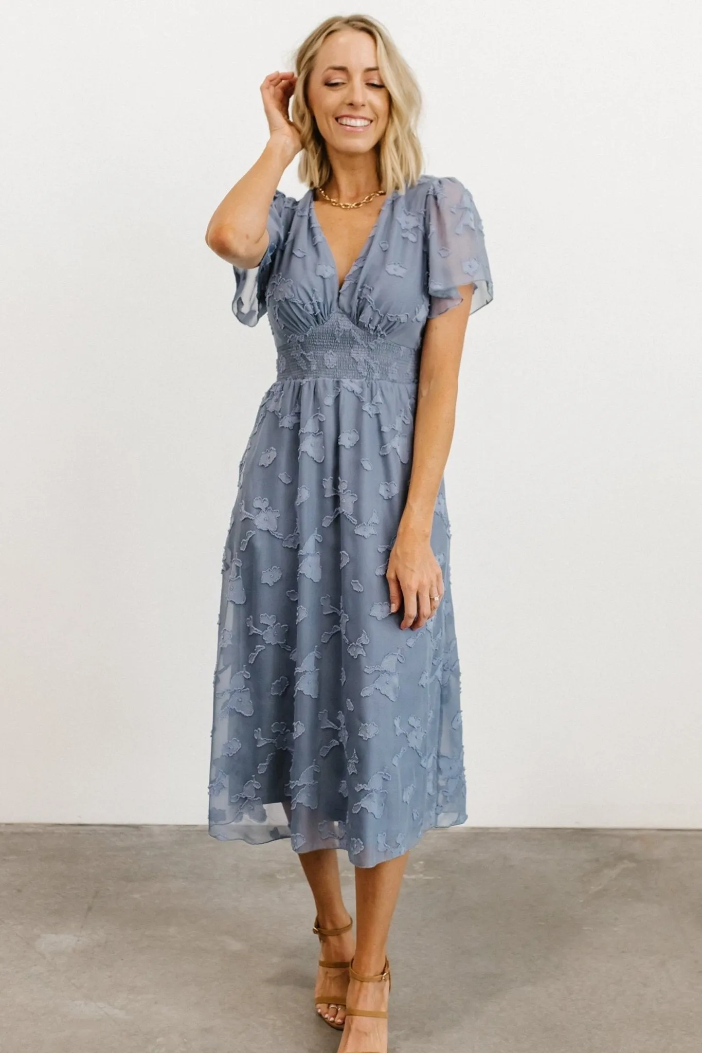 June Smocked Midi Dress | Blue sold by Baltic Born