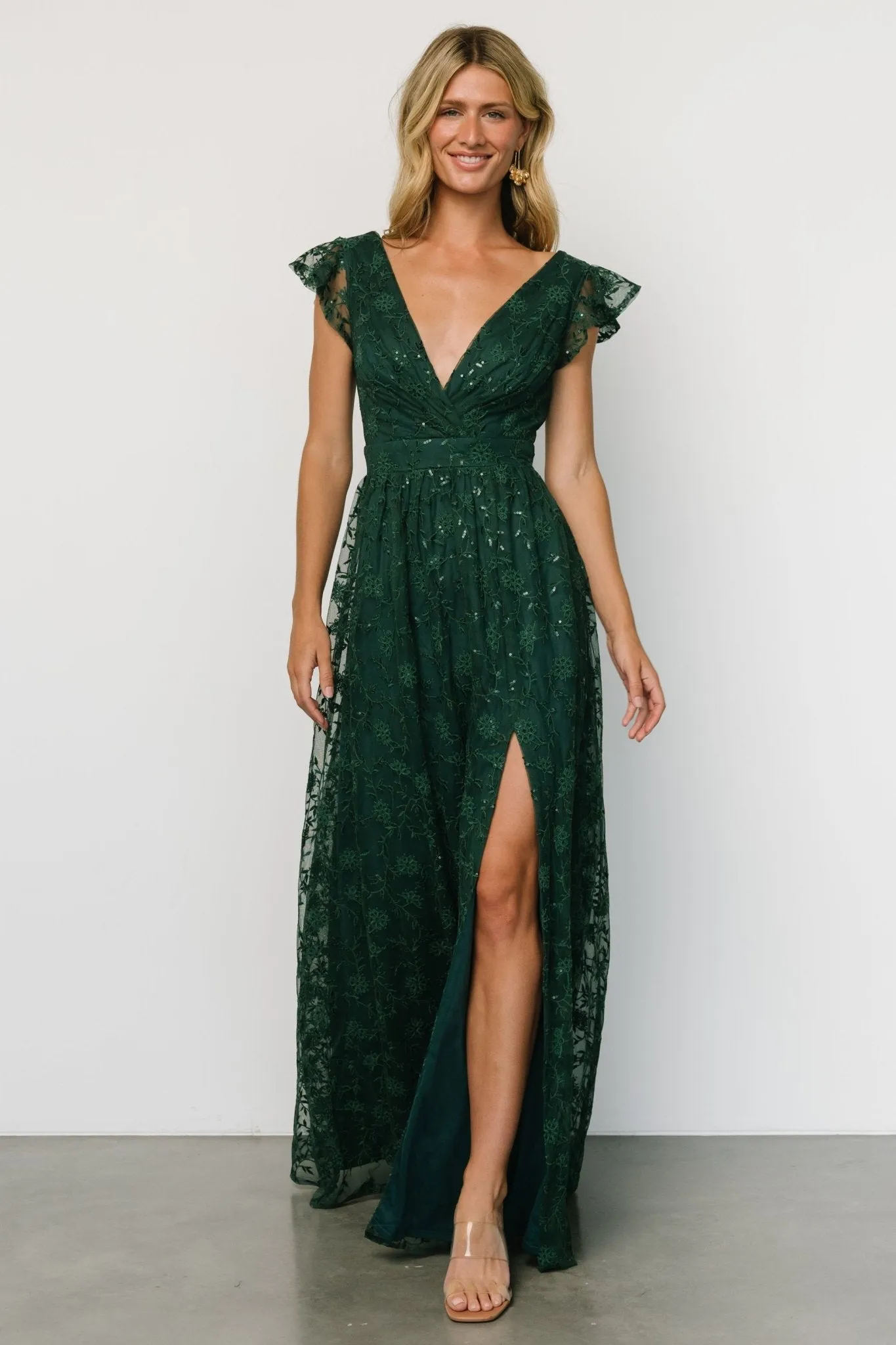 Alexa Embroidered Sequin Maxi Dress | Dark Green sold by Baltic Born