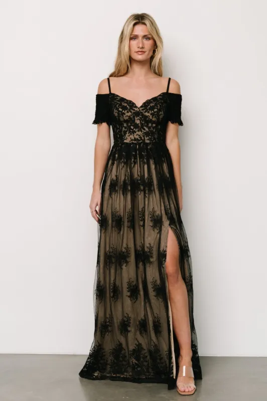 Esperanza Tulle Embroidered Maxi Dress | Black + Nude sold by Baltic Born