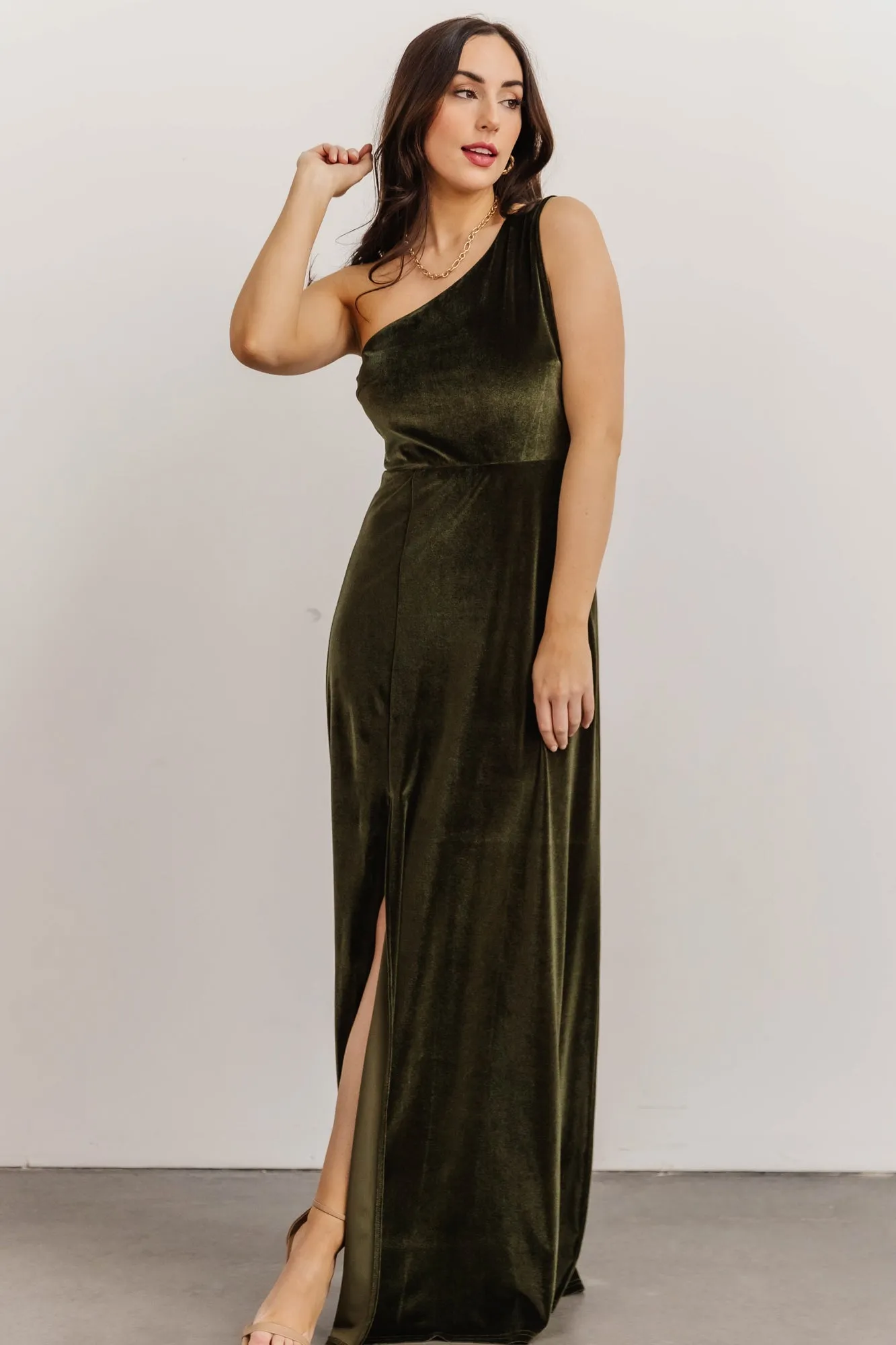 Tatiana Velvet One Shoulder Maxi Dress | Olive sold by Baltic Born product image thumbnail 4
