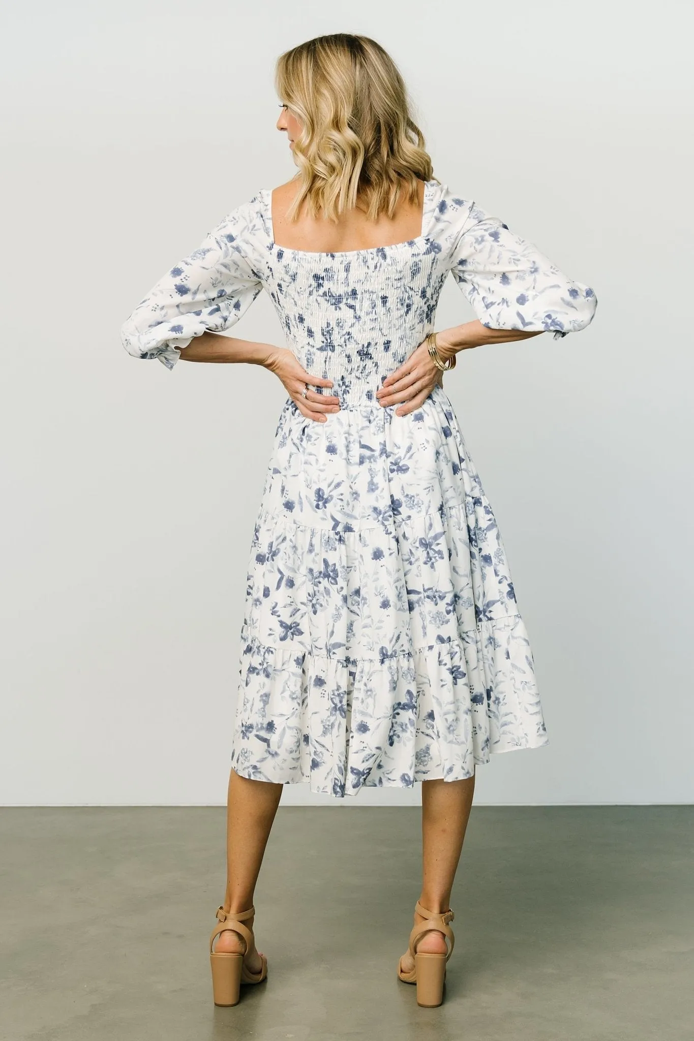 Marta Smocked Midi Dress | White + Blue sold by Baltic Born product image thumbnail 4