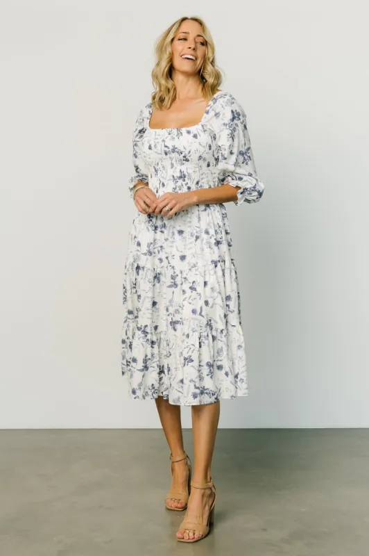 Marta Smocked Midi Dress | White + Blue sold by Baltic Born