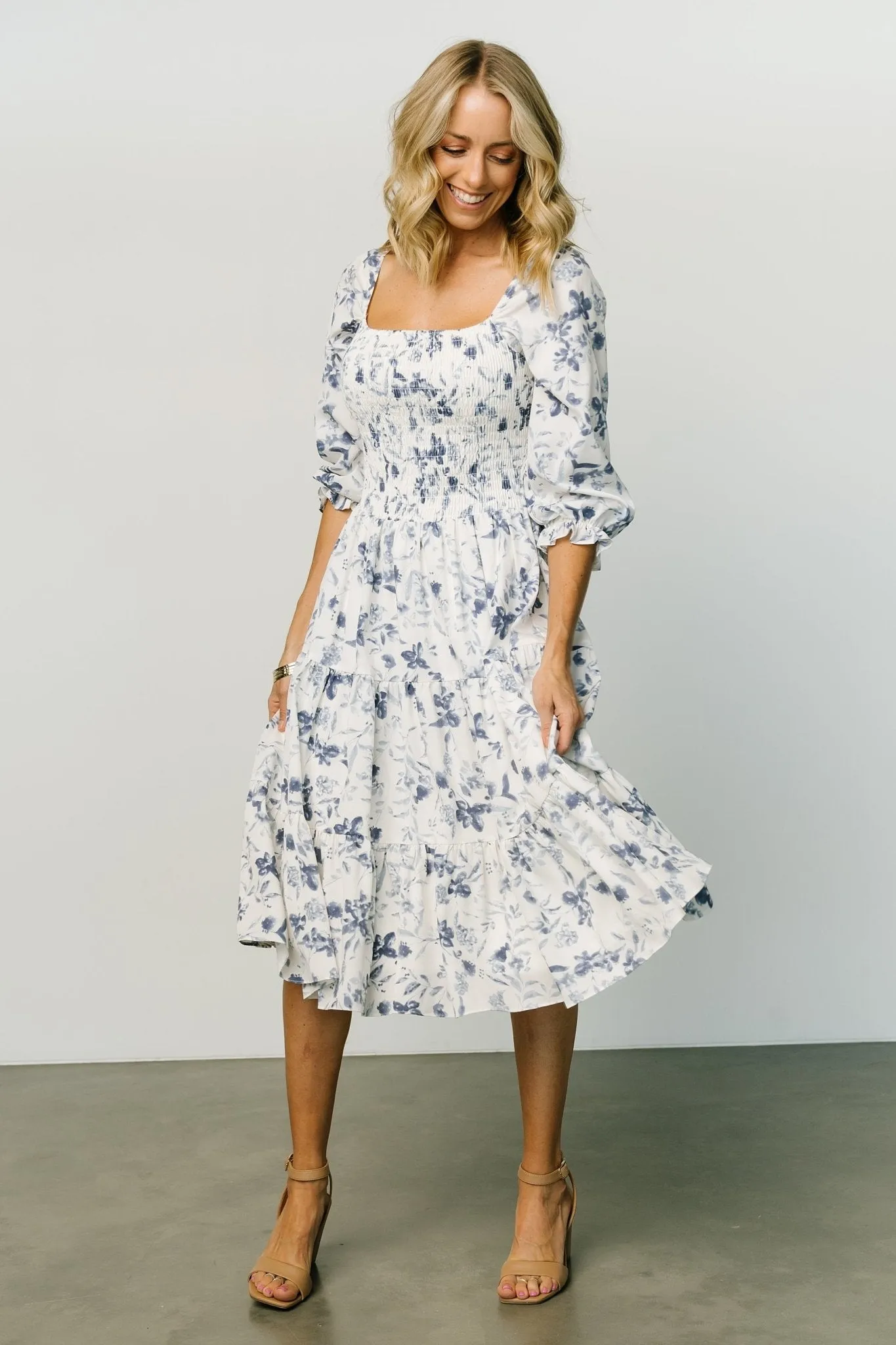 Marta Smocked Midi Dress | White + Blue sold by Baltic Born product image thumbnail 5