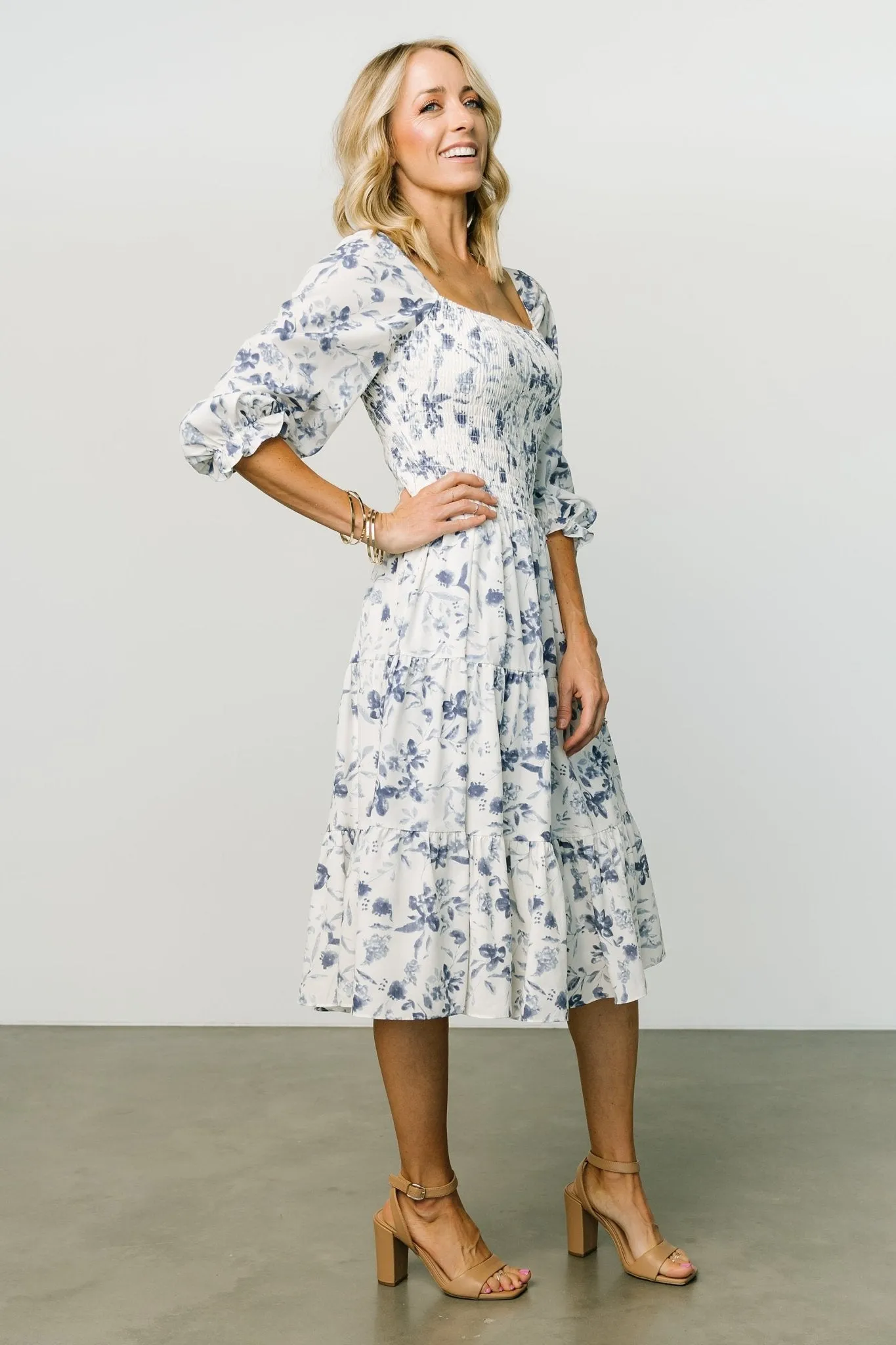 Marta Smocked Midi Dress | White + Blue sold by Baltic Born product image thumbnail 3