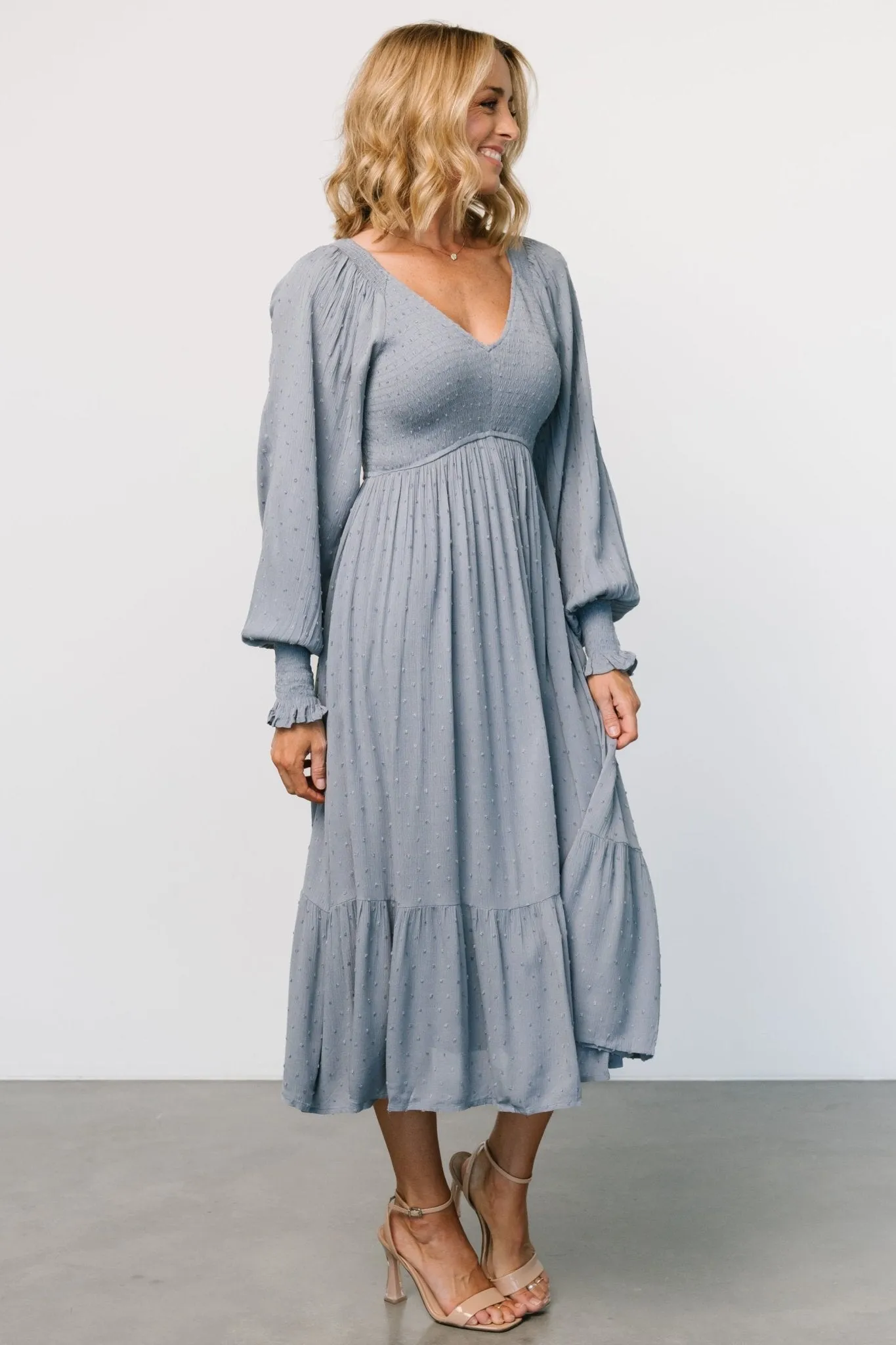 Lainey Smocked Dotted Midi Dress | Dusty Blue sold by Baltic Born product image thumbnail 3