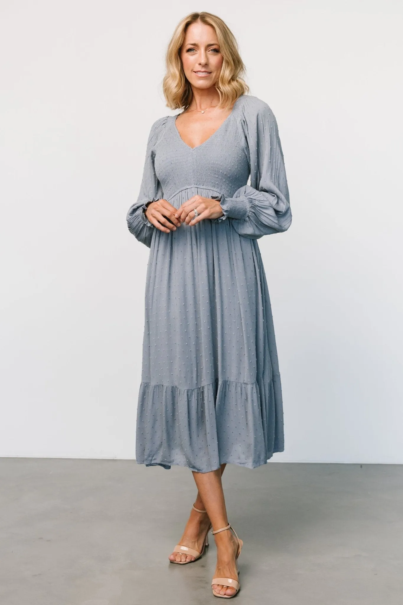 Lainey Smocked Dotted Midi Dress | Dusty Blue sold by Baltic Born product image thumbnail 4