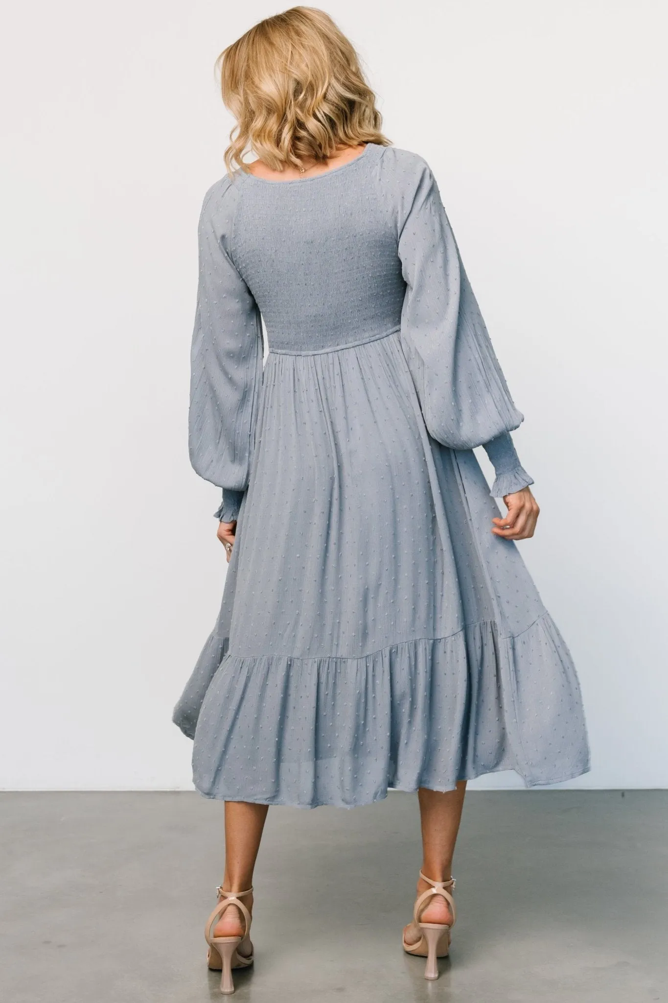 Lainey Smocked Dotted Midi Dress | Dusty Blue sold by Baltic Born product image thumbnail 5