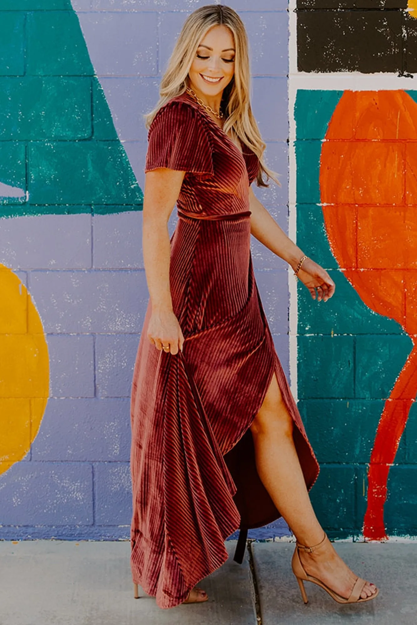 Andi Ribbed Velvet Wrap Dress | Dark Rose sold by Baltic Born product image thumbnail 3