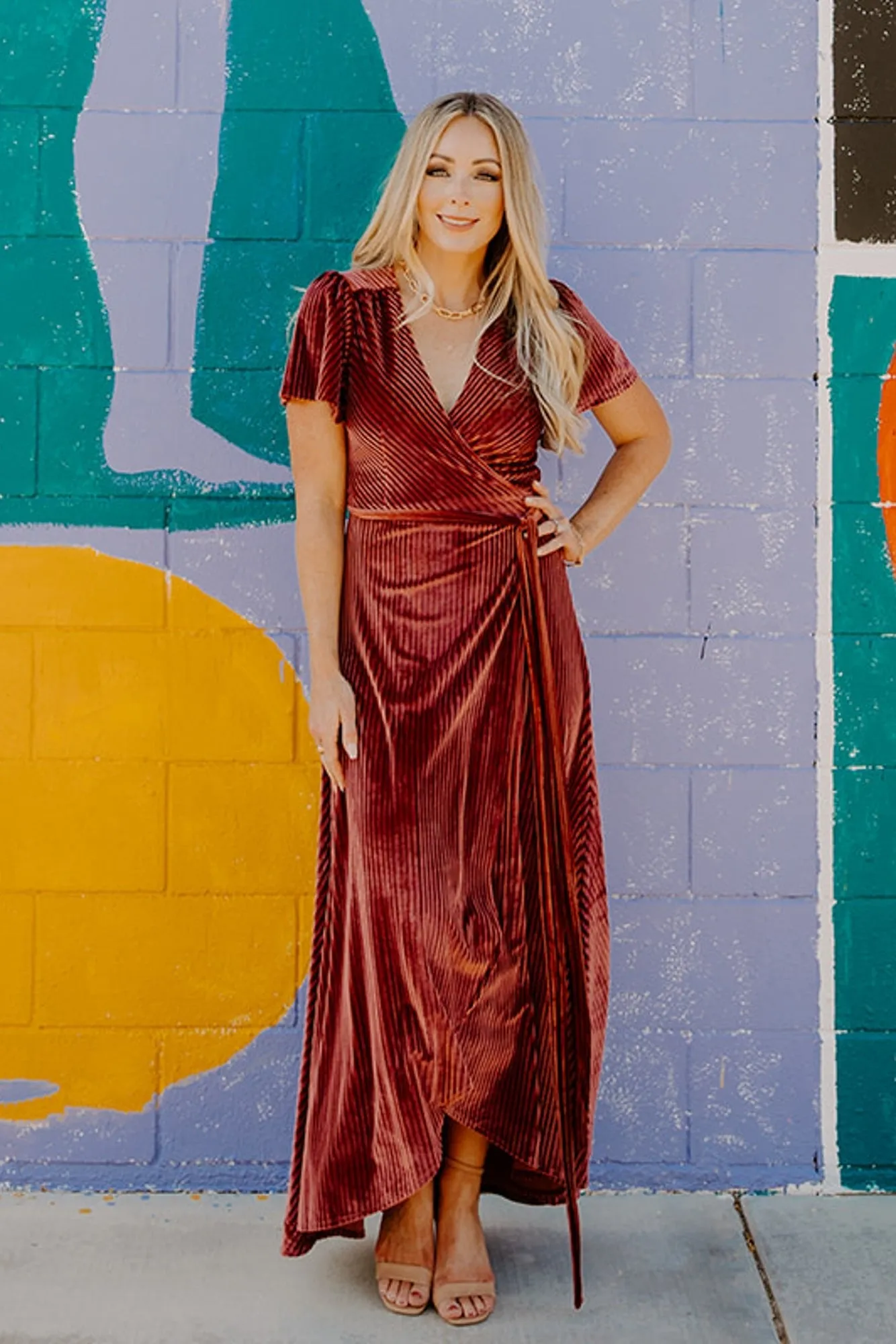 Andi Ribbed Velvet Wrap Dress | Dark Rose sold by Baltic Born product image thumbnail 4