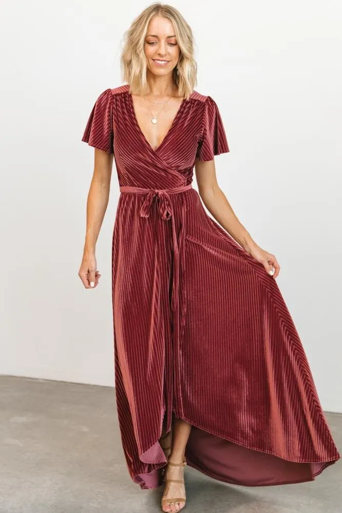 Andi Ribbed Velvet Wrap Dress | Dark Rose sold by Baltic Born