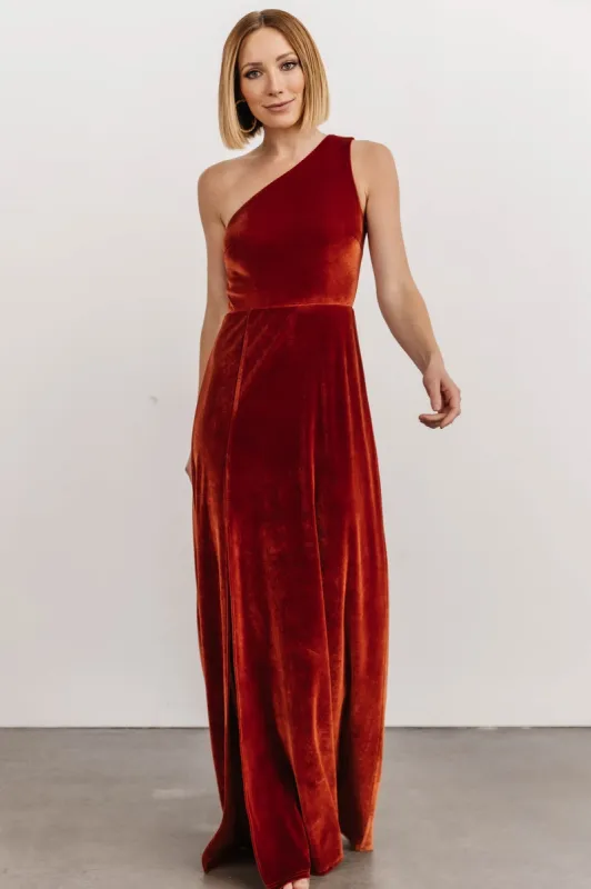 Tatiana Velvet One Shoulder Maxi Dress | Rust sold by Baltic Born
