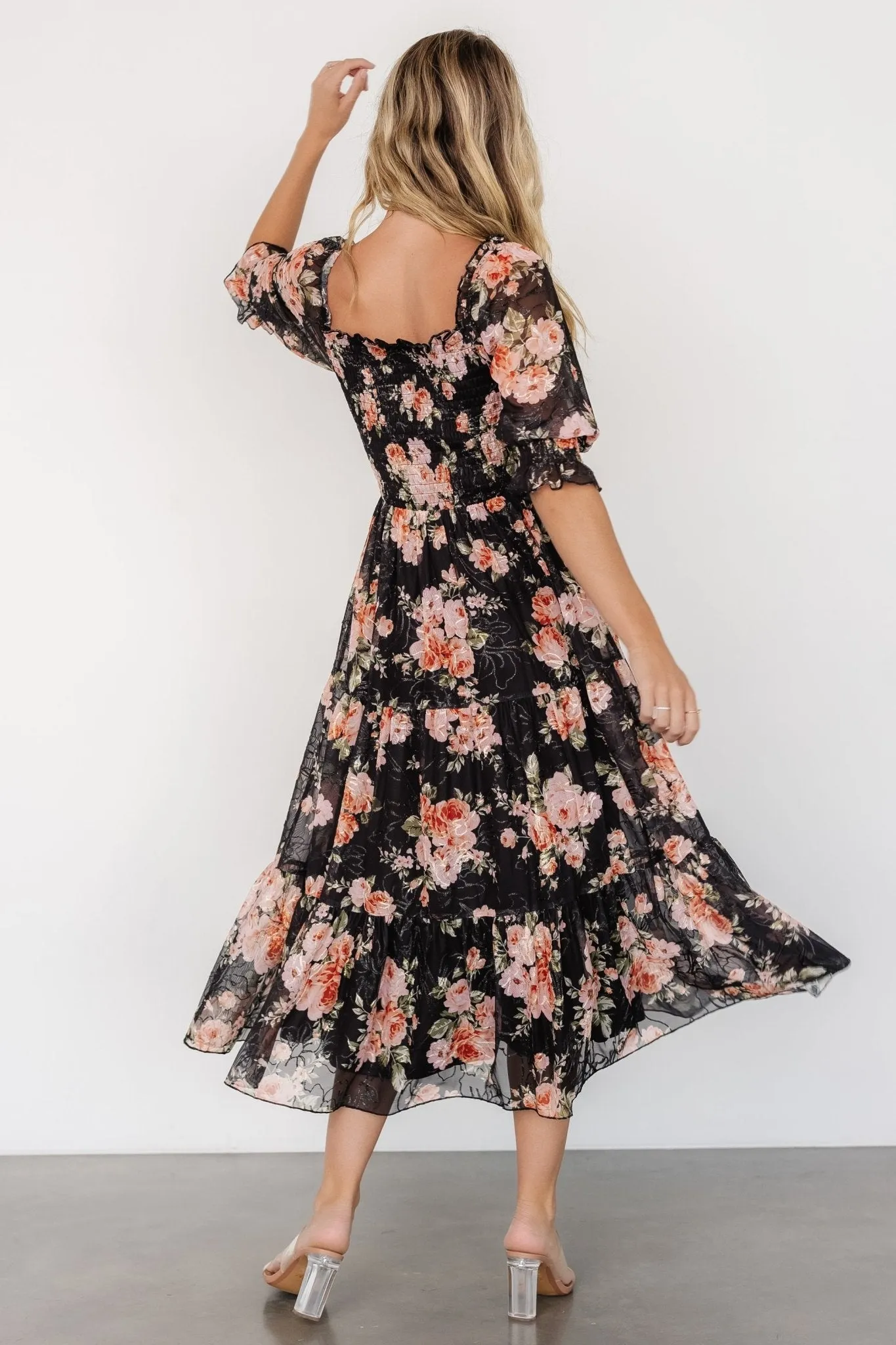 Fabian Jacquard Midi Dress | Peach + Black Floral sold by Baltic Born product image thumbnail 5