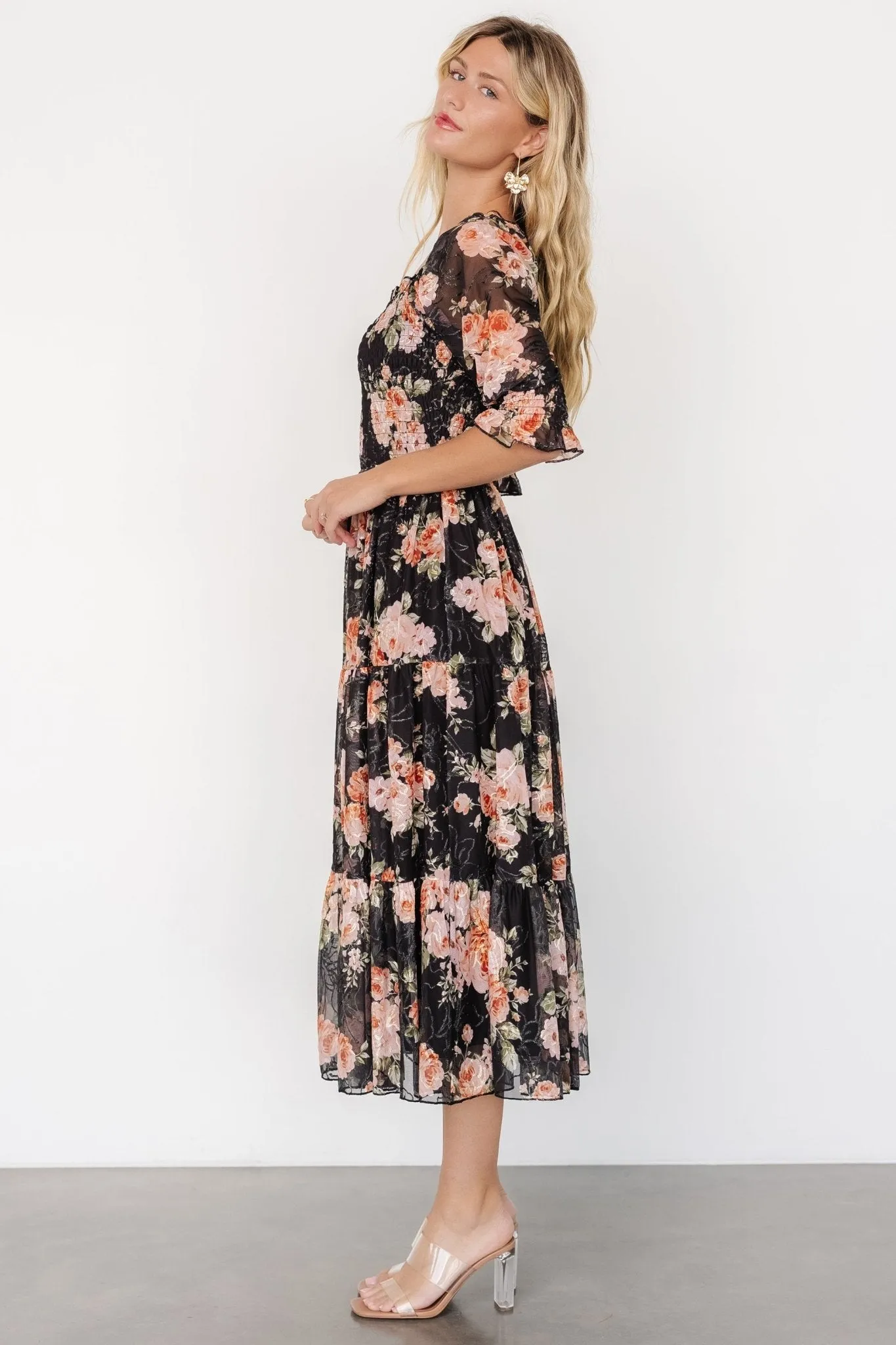 Fabian Jacquard Midi Dress | Peach + Black Floral sold by Baltic Born product image thumbnail 3