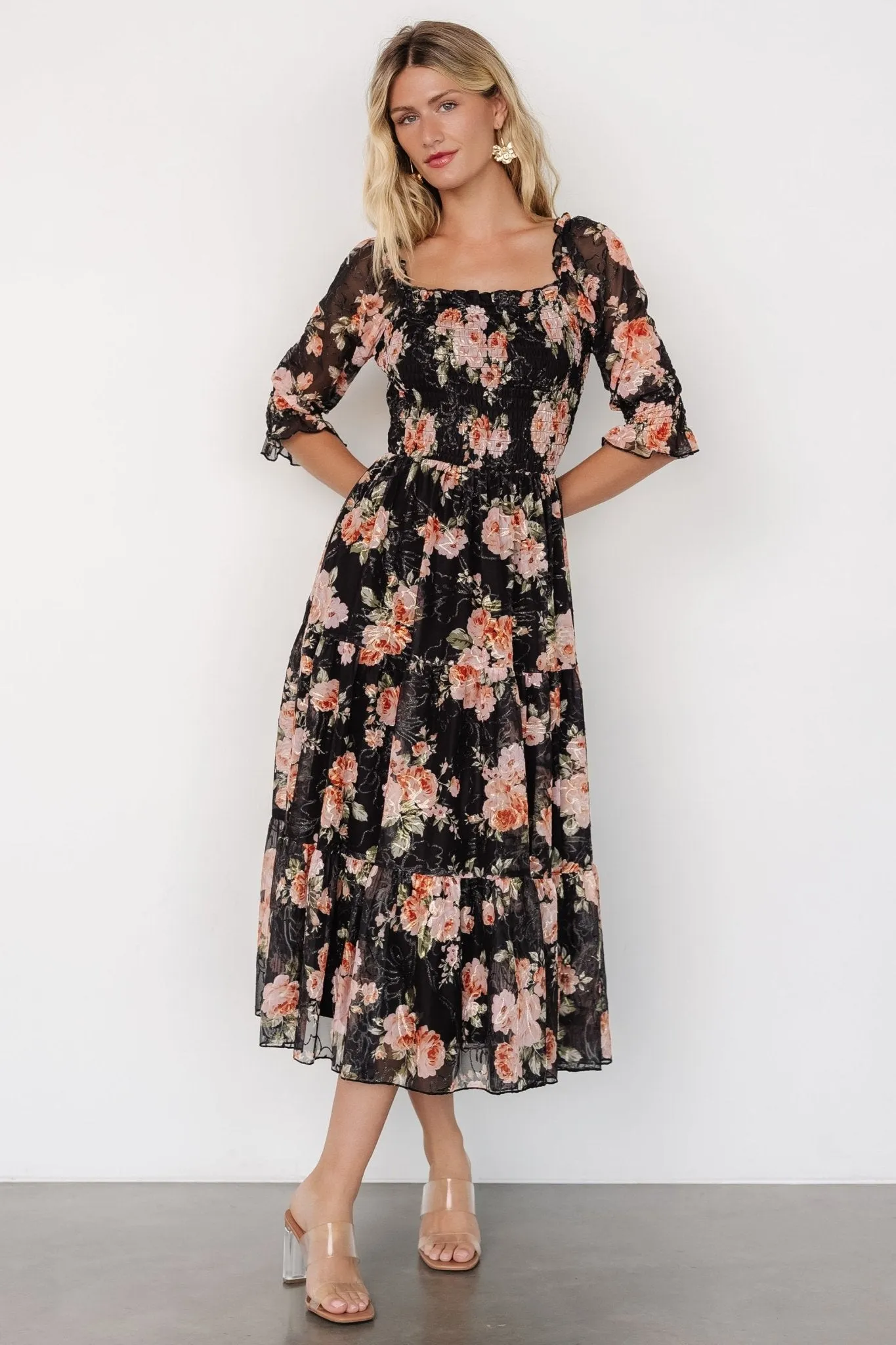 Fabian Jacquard Midi Dress | Peach + Black Floral sold by Baltic Born