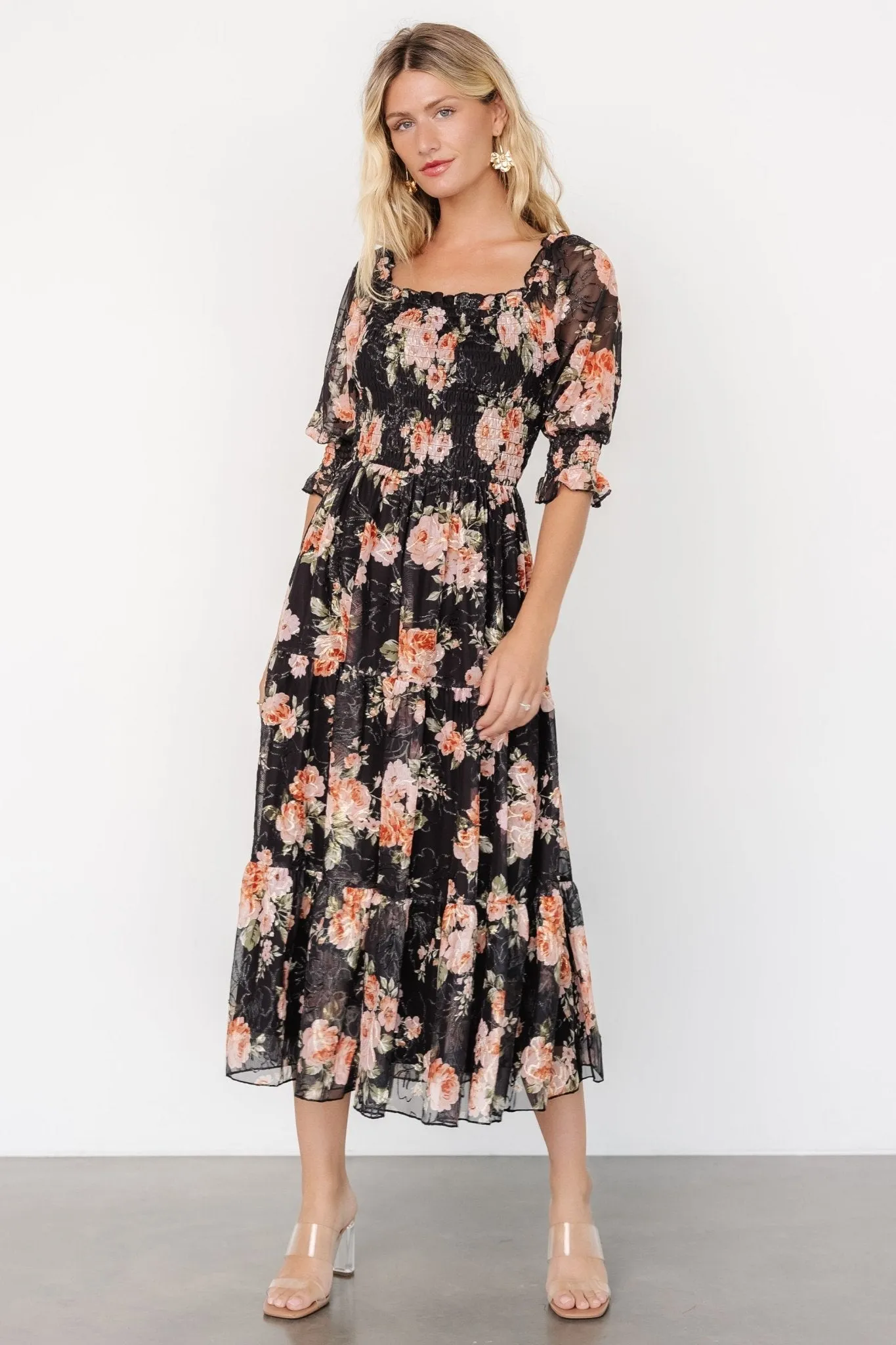 Fabian Jacquard Midi Dress | Peach + Black Floral sold by Baltic Born product image thumbnail 4