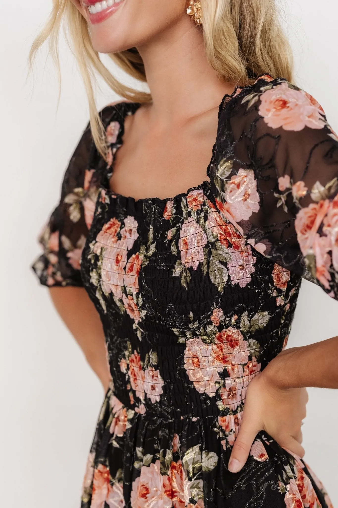 Fabian Jacquard Midi Dress | Peach + Black Floral sold by Baltic Born product image thumbnail 2