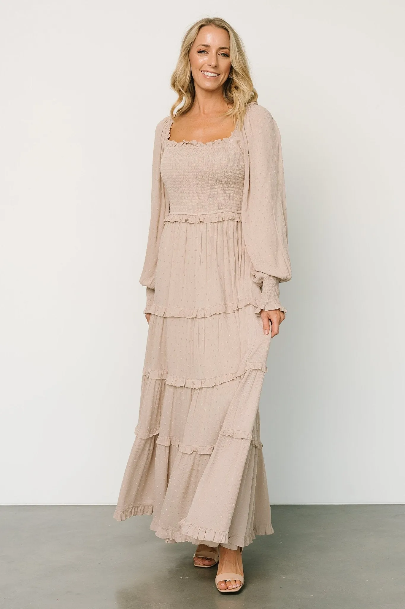 Amanda Smocked Dotted Maxi Dress | Beige sold by Baltic Born