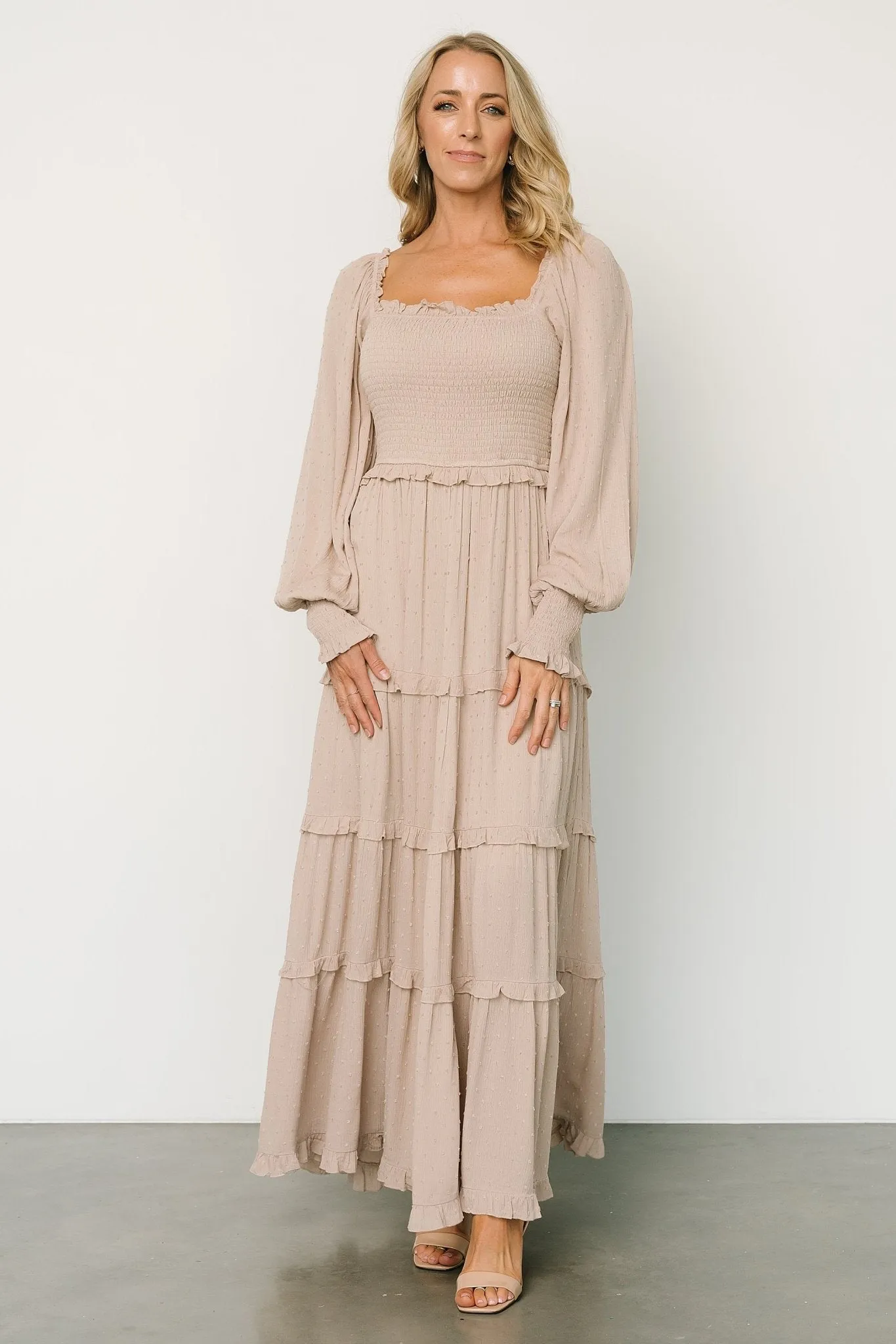 Amanda Smocked Dotted Maxi Dress | Beige sold by Baltic Born product image thumbnail 5