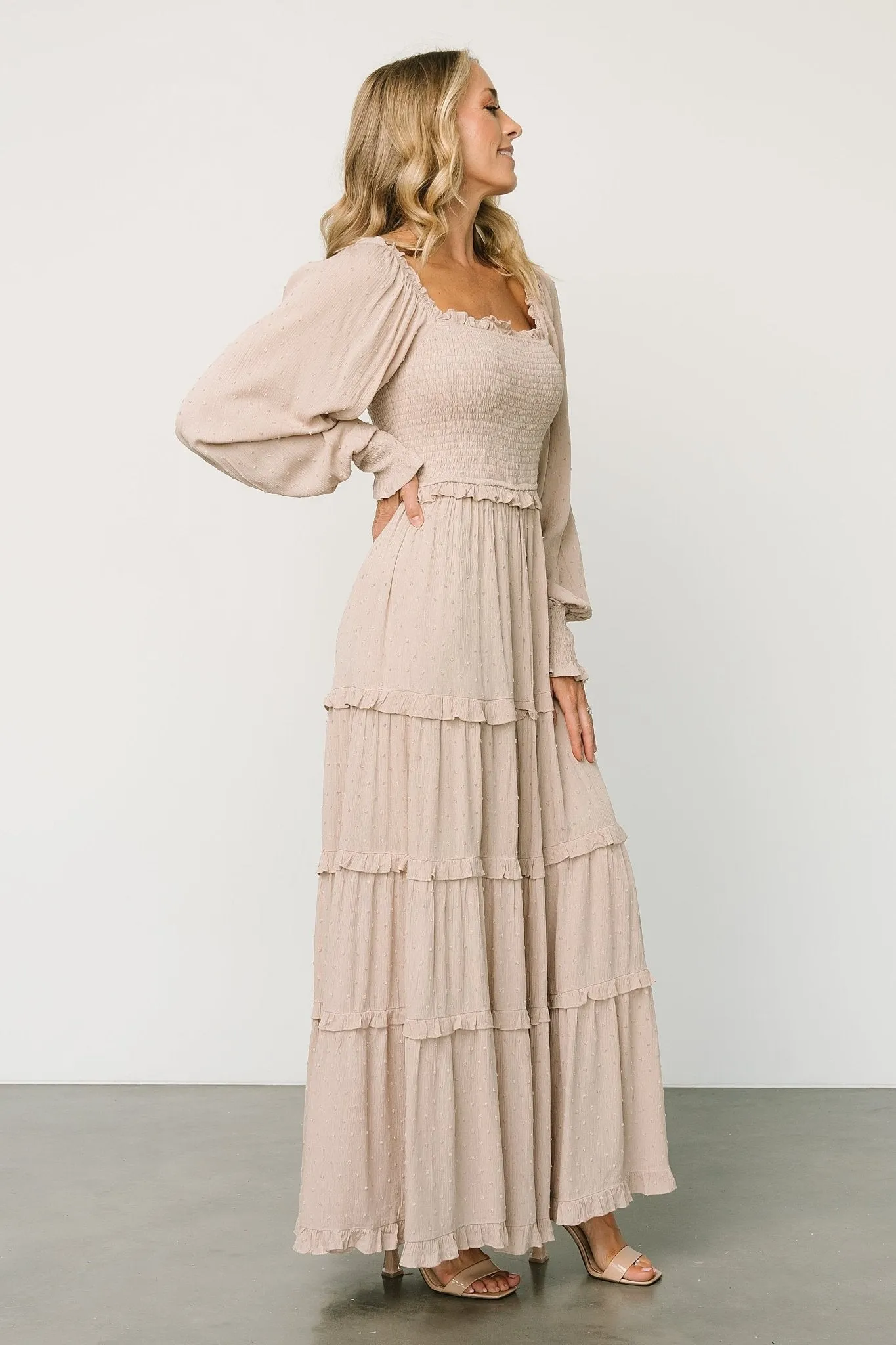 Amanda Smocked Dotted Maxi Dress | Beige sold by Baltic Born product image thumbnail 3