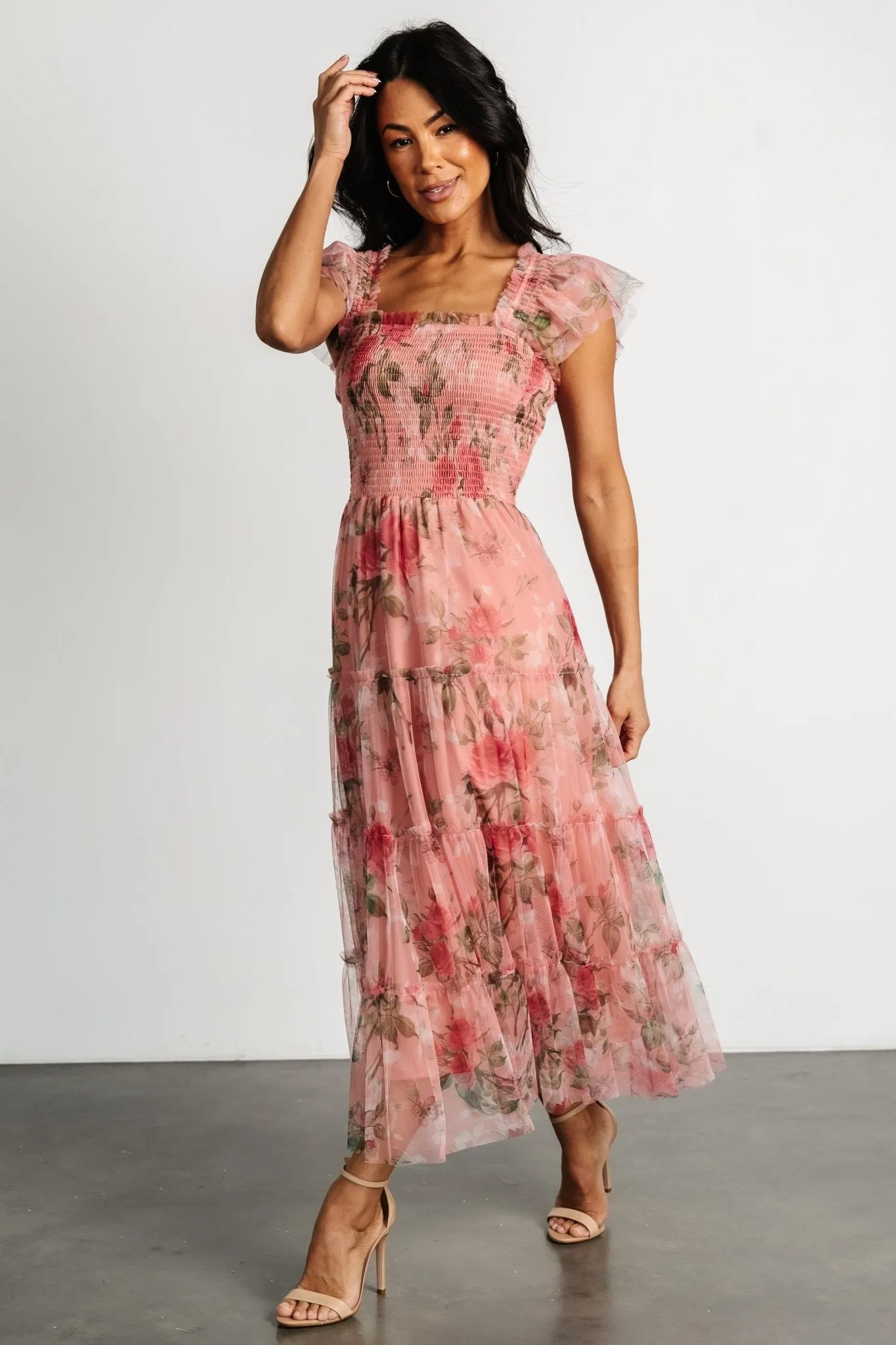 Clementine Tulle Midi Dress | Pink Rose Floral sold by Baltic Born product image thumbnail 3